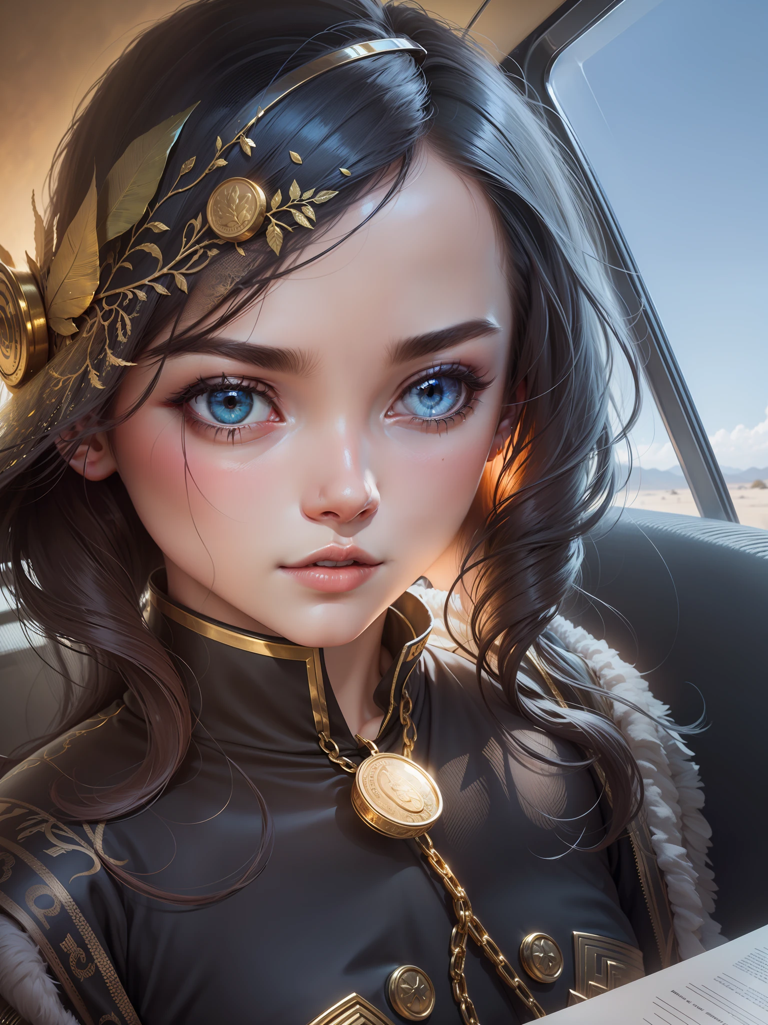 Full body photo，illustratio，cinematric light，fanciful，HighestQuali，ultra - detailed，best qualtiy，tmasterpiece，（详细的脸），exquisite facial features，Skirts made of gold coins are chained together，Glowing quicksand，Floating ember crystals，golden hair accessory，Metals that reflect sunlight，（Body focus：1.25），Clear blue sky，Desert sea in background，with long coiled hair，Golden eyes，Exudes magic，darkly，Light Reflections Surrealist portraits of women by David Hockney and Alphonse Mucha，Fantasyart，photographrealistic，动态照明，art  stations，poster for，Volumetriclighting，Very detailed faces，4 k''，Award-Awarded，，1girll，in the darkness nigth，deep shading，low tune，Cowboy photos,(formal outfit:1.4),long whitr hair,whaite hair, --s2