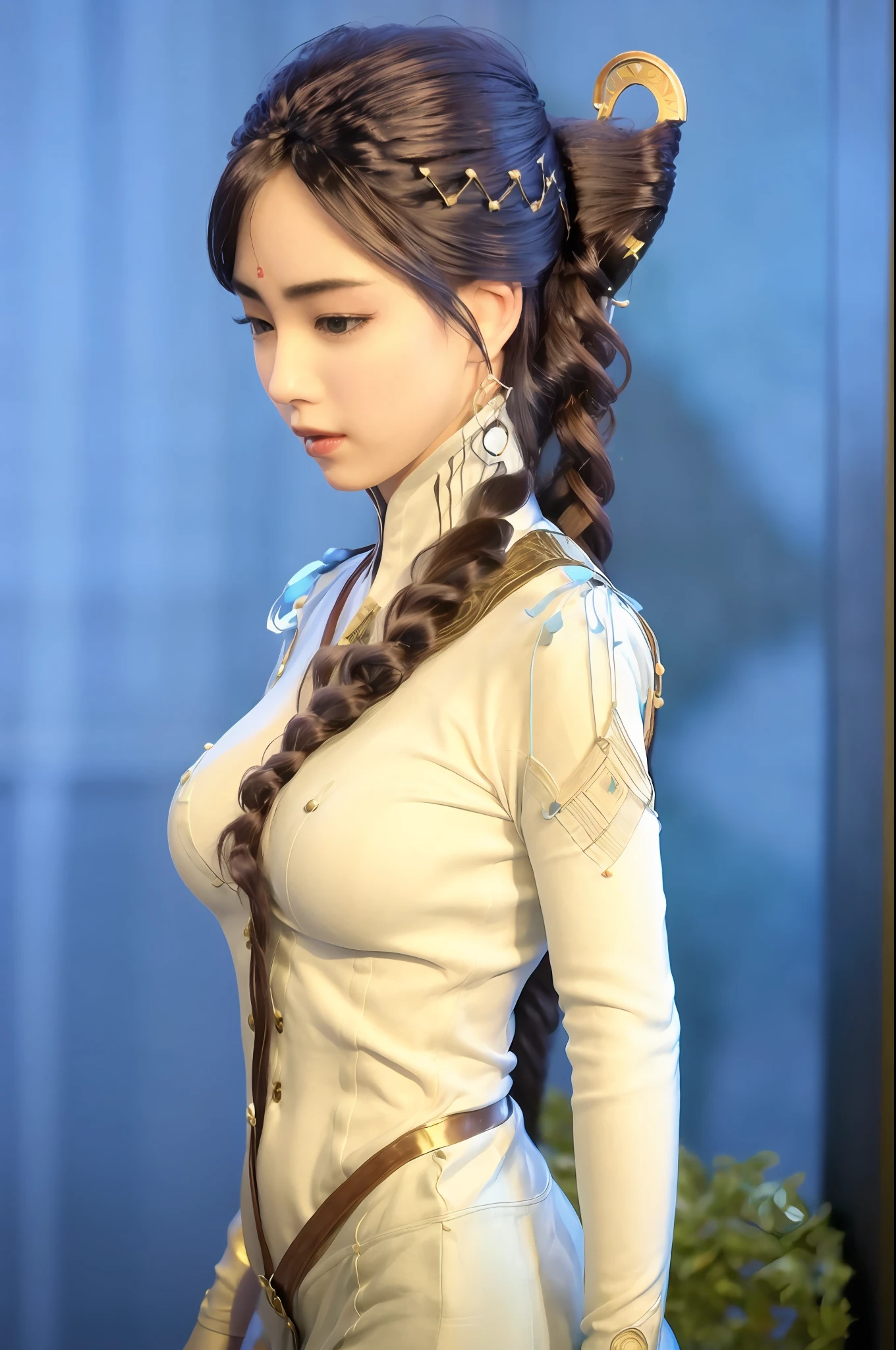 "A beautiful Korean woman posing in athletic shape with braided hair and large breasts wearing a sexy soldier's outfit." --auto