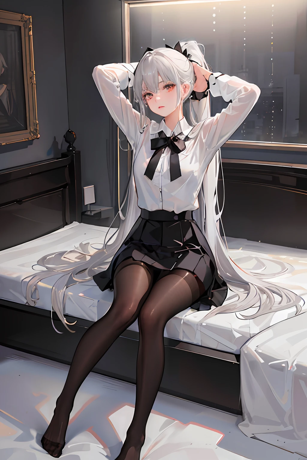 (((1 girl)),ray tracing,(dim lighting),[detailed background (bedroom)),((silver hair)),((silver hair)),(Fluffy silver hair, plump and slender girl))) with high ponytail))) Avoid golden eyes in the ominous bedroom ((((Girl wears a white shirt, black wrinkled skirt with black transparent pantyhose), showing a delicate slim figure and graceful curves, correct limbs, sitting on the bed with hands behind her head, Put both hands behind your head