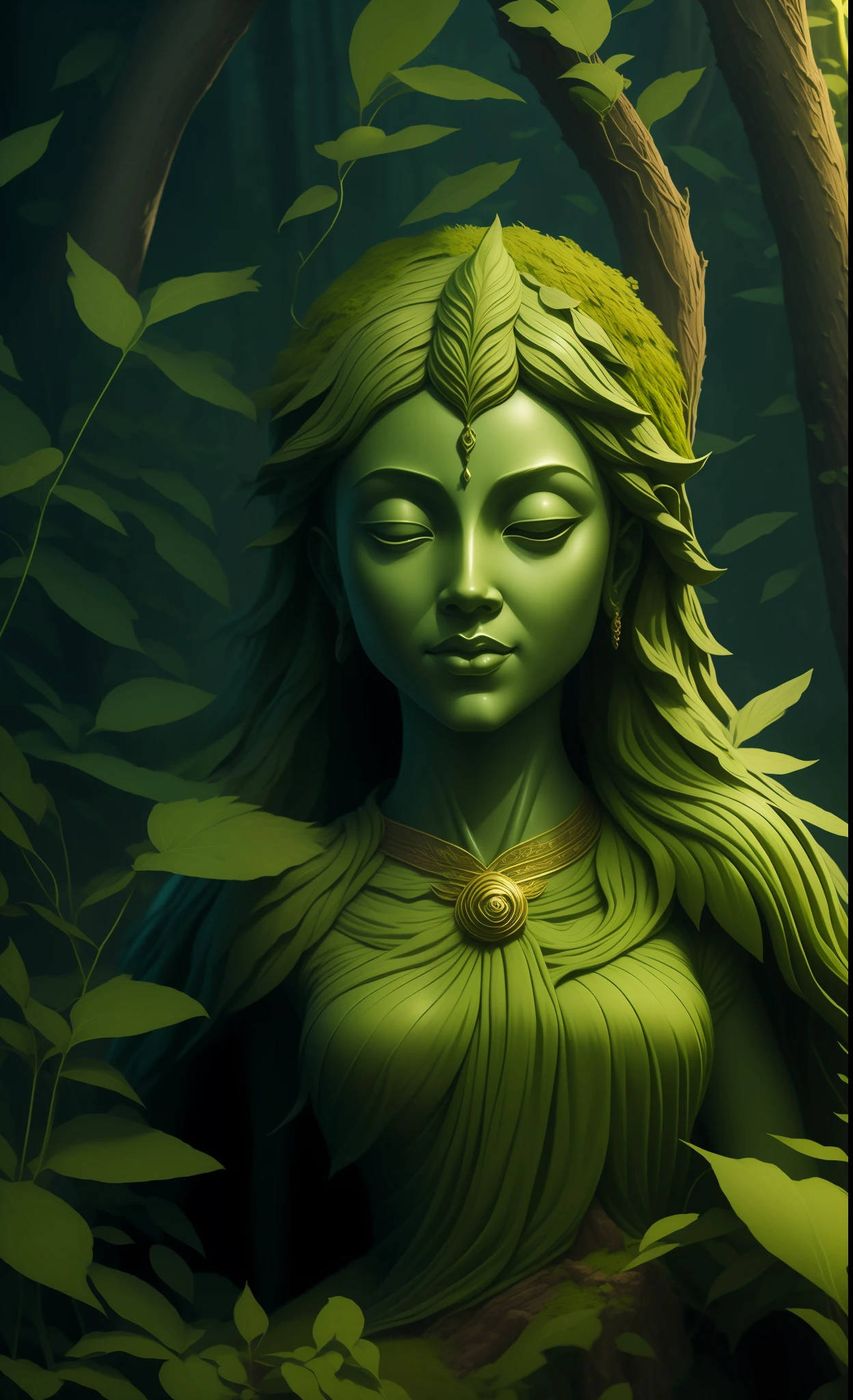 Goddess of the mossy earth，mito, goddess of nature, goddess of nature, Guanyin, fantasy movie still, cinematic goddess close shot, goddess of the forest, cinematic goddess shot, mother nature, guanyin of the southern seas, woman made of plants, Mother Earth, extremely detailed goddess shot，Green statue，Green overlooks the green cliff tops below，Green grass，The top of the mountain is flat，（The cliff is carved with a statue of Maitreya Buddha），Beautiful，Clean air，Clouds，Complicated details，16k，detail-rich，realisticlying，Movie special effects，Green，电影灯光，Holographic Display，Upper body effect，Enchanted smile