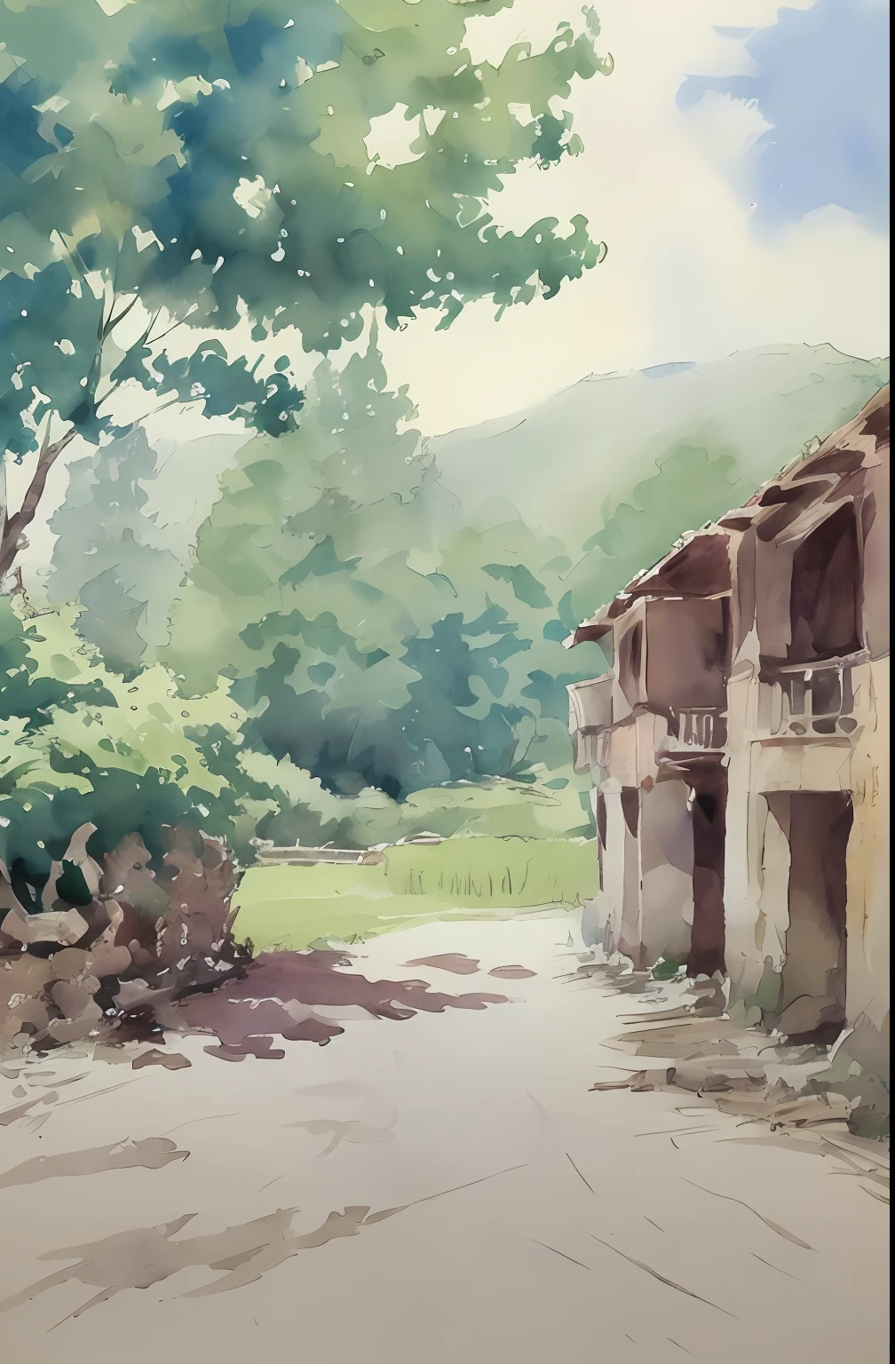 (Precision construction:1.2,8K,tmasterpiece)watercolor paiting,The is very detailed,lineworks:1.2,Rural South China,the trees,shining sun,tree shade,Grapevines in the courtyard:1.3