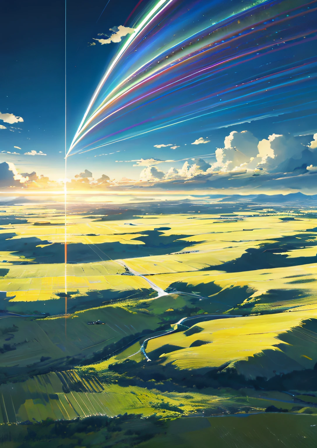 The vast sky,the beautiful skyline,Large grasslands,Intense and dramatic imagery,the moving visual effects,the high-hanging Polaris,Colorful natural light。