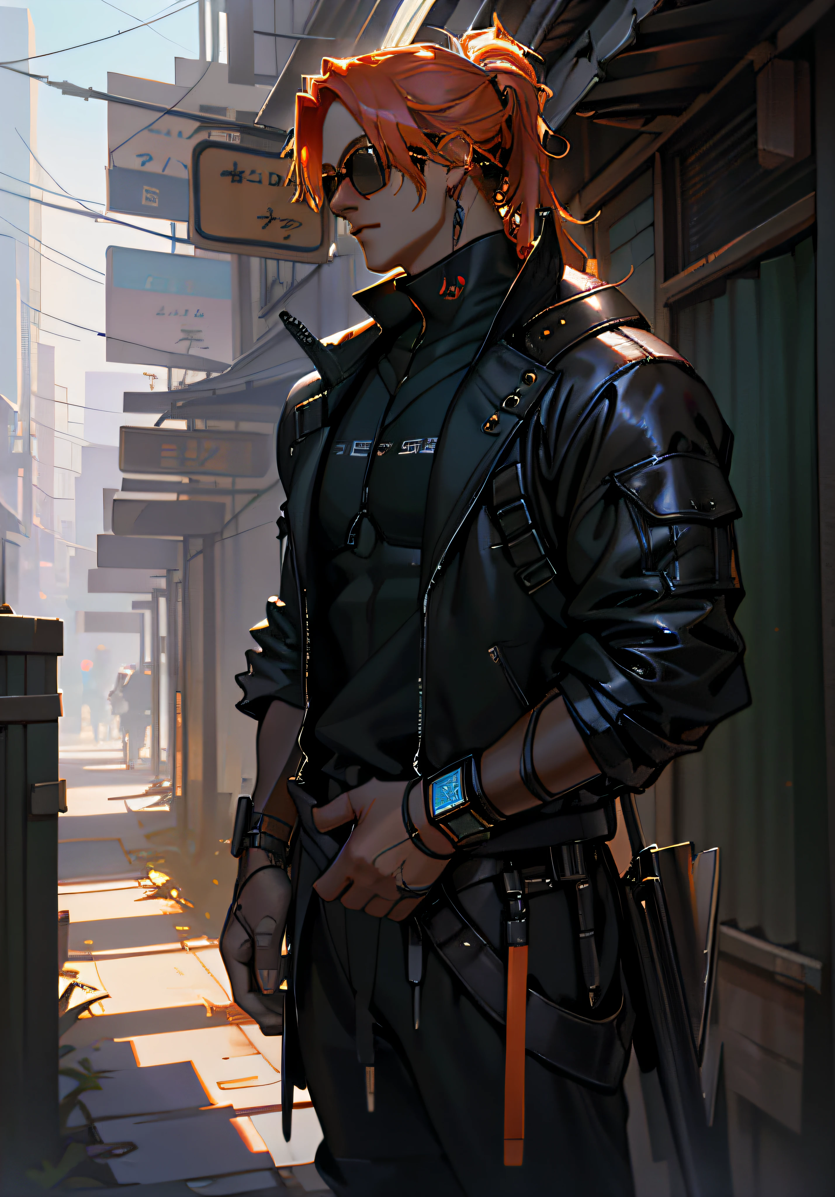 Antonio Moro, artful, (1 male), (Half-body), tall young man, ((male focus)), Handsome guy, orange hair in a ponytail, Virtual Antennas, Glowing shades of purple and blue, pale skin tone, sparks, Particles, ciberpunk, Future Man, olhando_at_Viewer, Reinforced black suit, Square device in hands, 独奏, Standing, symmetric eyes, Subtle eyeshadow, Detailed face and eyes, dinamic lighting, Cinematic lighting, voluminous lighting, extra high resolution, ciberpunk, The city of the future with bright neon lights, Cybernetic landscape, style of: ModelShooting, (Extremely detailed CG unity 8k wallpapers), professional majestic oil painting by Ed Blinkey, Etty Gailan, Studio Ghibli, by Jeremy Mann, Greg Manchess, Trending on Artstuion, trending on CGsociety, Intricate, high detail, sharp-focus, dramatic, Photorealistic painting of Midjourney and Greg Rutkowski.