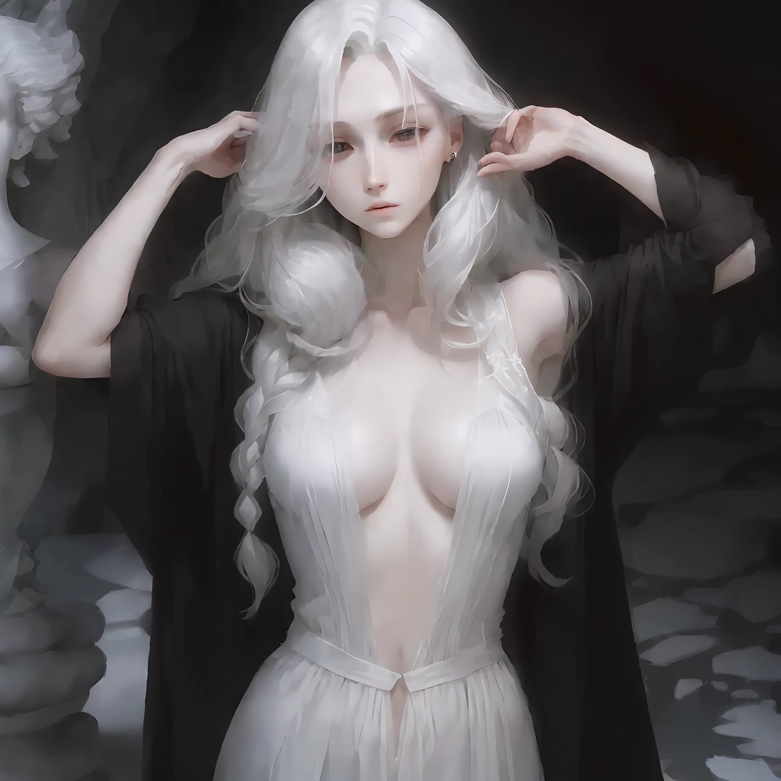 Manteau blanc,white skinned,black color hair,long whitr hair,style,full bodyesbian,Need,tmasterpiece --auto