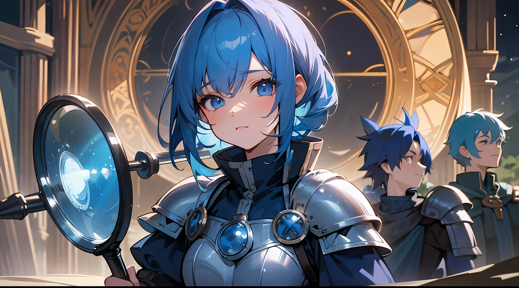 Top quality, detail, 8K, 4K, high resolution, Detailed, blue-haired knight girl, Upper body is shown, With magnifying glass, In the universe, ((A few girls, Several boys)), characters of various colors, (Fantasy world), Dark night,