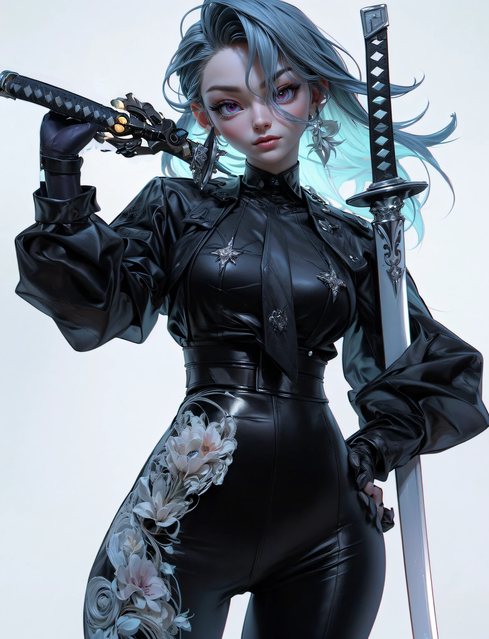 There is a woman in a black outfit, Holding the Sword, ross tran 8 k, 3d rendered character art 8 K, ross tran style, by Russell Dongjun Lu, in the style of ross tran, stunning character art, artwork in the style of guweiz, hyperdetailed fantasy character, by Ross Tran!!!, rossdraws 1. 0, epic exquisite character art