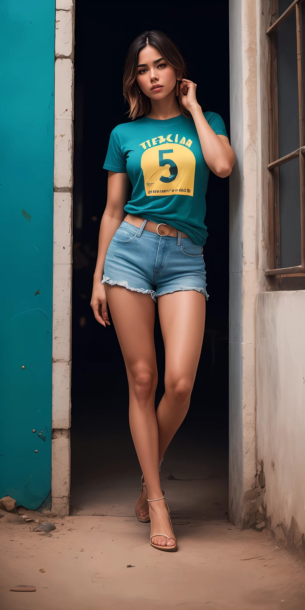 Mulher latina bonita, cabelo escuro longo, corpo inteiro, in basic clothing ((Camiseta (Camiseta) inteira sem estampa)), (pernas a mostra), denim short pants, do lado de fora na rua, ((magro, pequeno)), fotografia realista, fotografia, obra-prima, realista, Realismo, renderizado, Alto contraste, trending digital art realistic photography on Artstation 8k HD realistic detail high definition, detalhada, textura da pele, hiperdetalhada, Textura realista da pele, armadura, melhor qualidade, ultra high-resolution, (fotografiarrealista: 1.4), alta resolução, detalhada, fotografia crua, sharp re, By Lee Jeffries Nikon D850 Film Stock Photography 4 Camera Kodak Portra 400 Lens F1.6 colors rich hyper realistic texture dramatic lighting unrealengine trend in artstation cinestill 800,