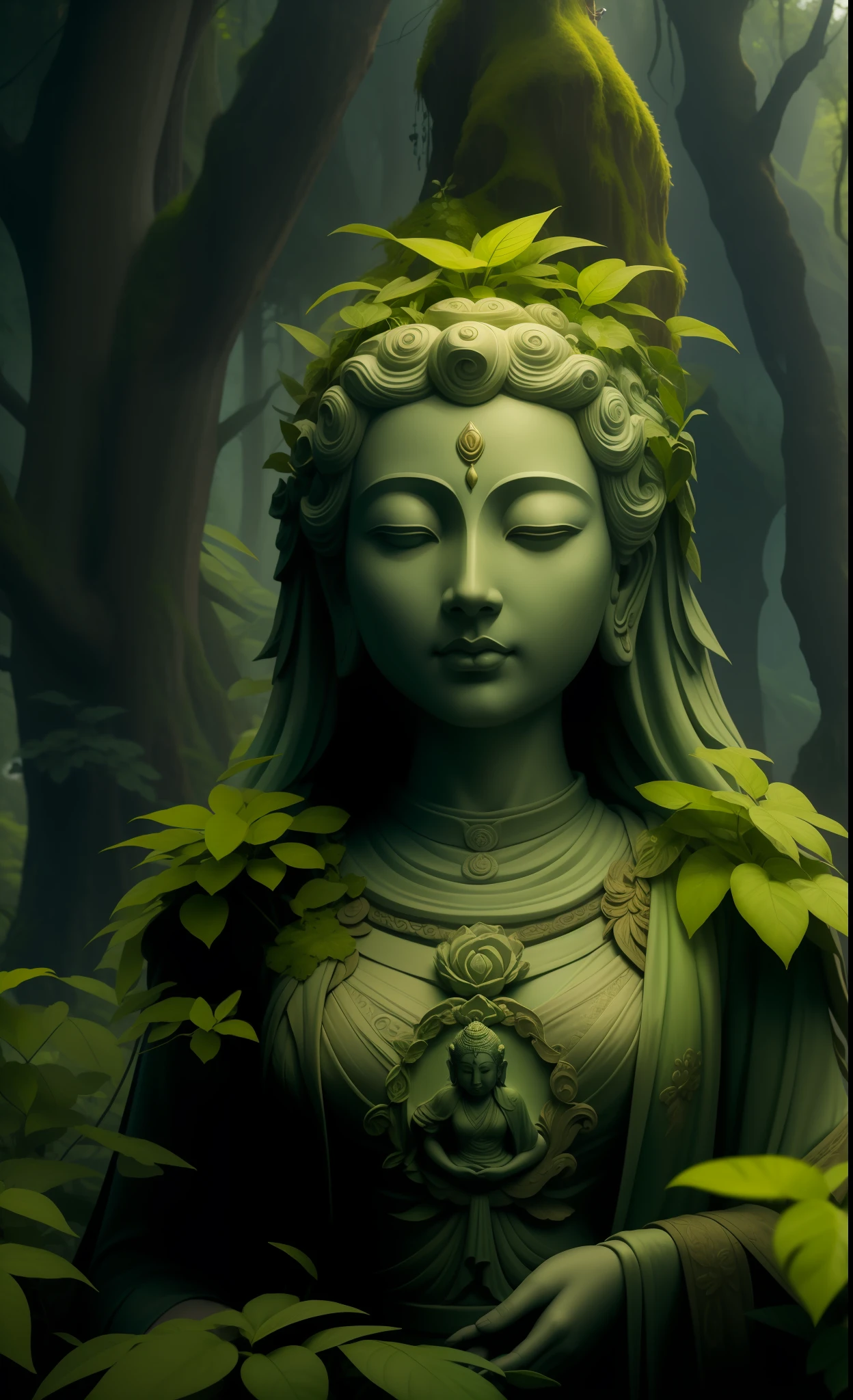 Goddess of the mossy earth，mito, goddess of nature, goddess of nature, Guanyin, fantasy movie still, cinematic goddess close shot, goddess of the forest, cinematic goddess shot, mother nature, guanyin of the southern seas, woman made of plants, Mother Earth, extremely detailed goddess shot，Green statue，Green overlooks the green cliff tops below，Green grass，The summit is flat，The cliff is carved with a statue of Maitreya Buddha，Beautiful，Clean air，Clouds，Complicated details，16k，detail-rich，realisticlying，Movie special effects，Green，电影灯光，Holographic Display，Upper body effect