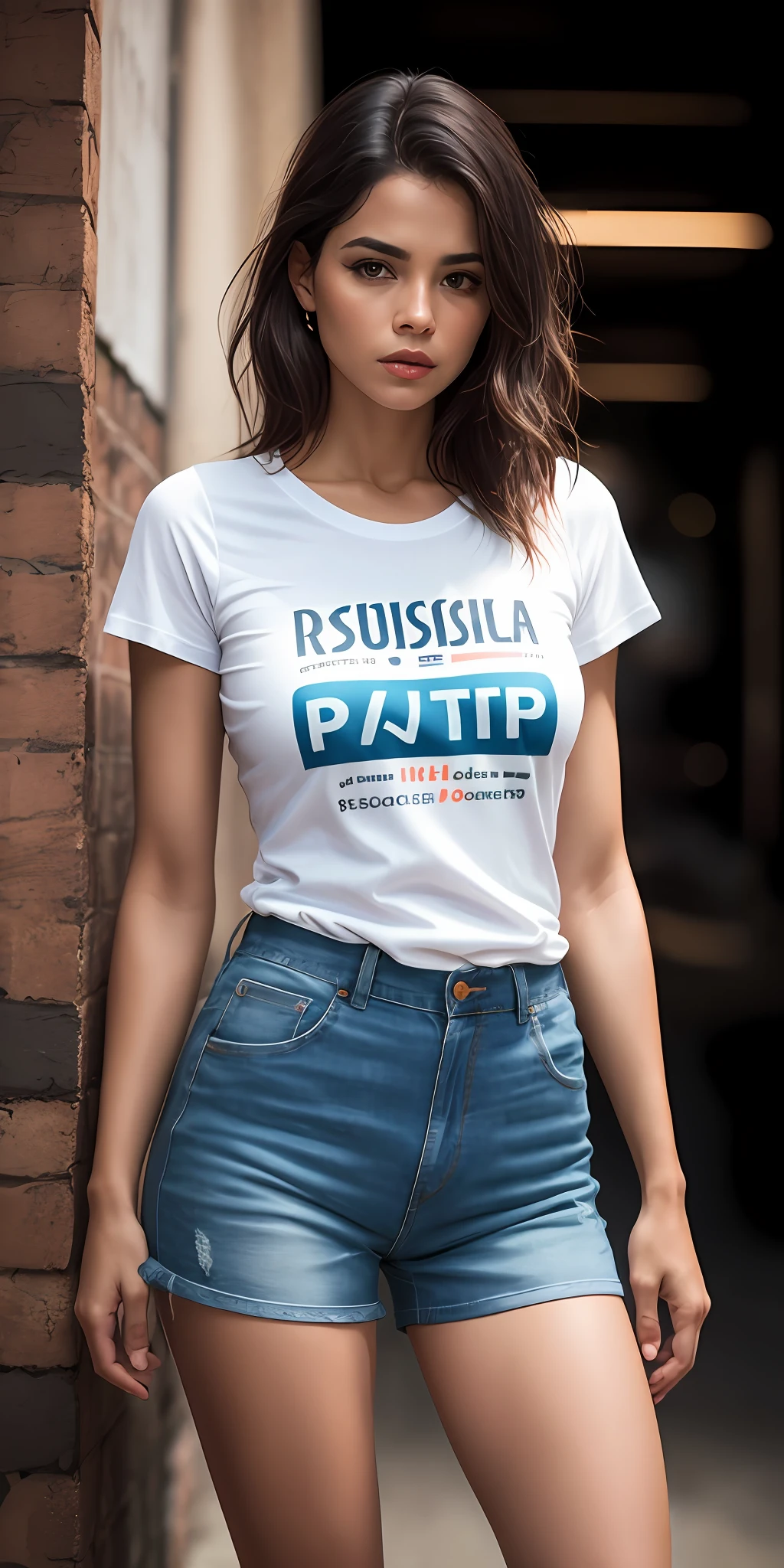 Mulher latina bonita, cabelo escuro longo, corpo inteiro, in basic clothing ((Camiseta (Camiseta) inteira sem estampa)), (pernas a mostra), denim short pants, do lado de fora na rua, ((magro, pequeno)), fotografia realista, fotografia, obra-prima, realista, Realismo, renderizado, Alto contraste, trending digital art realistic photography on Artstation 8k HD realistic detail high definition, detalhada, textura da pele, hiperdetalhada, Textura realista da pele, armadura, melhor qualidade, ultra high-resolution, (fotografiarrealista: 1.4), alta resolução, detalhada, fotografia crua, sharp re, By Lee Jeffries Nikon D850 Film Stock Photography 4 Camera Kodak Portra 400 Lens F1.6 colors rich hyper realistic texture dramatic lighting unrealengine trend in artstation cinestill 800,