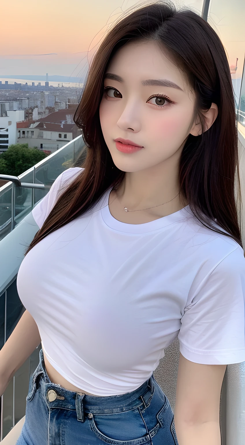 ((Midnight, Best quality, 8k, Masterpiece :1.3)), Whole body, Long legs, Sharp focus :1.2, A pretty woman with perfect figure :1.4, Slender abs :1.1, ((Dark brown hair, Big breasts :1.2)), (White tight tshirt, Jean bib, Standing:1.2), ((Night city view, Rooftop:1.3)), Highly detailed face and skin texture, Detailed eyes, Double eyelid, legs
