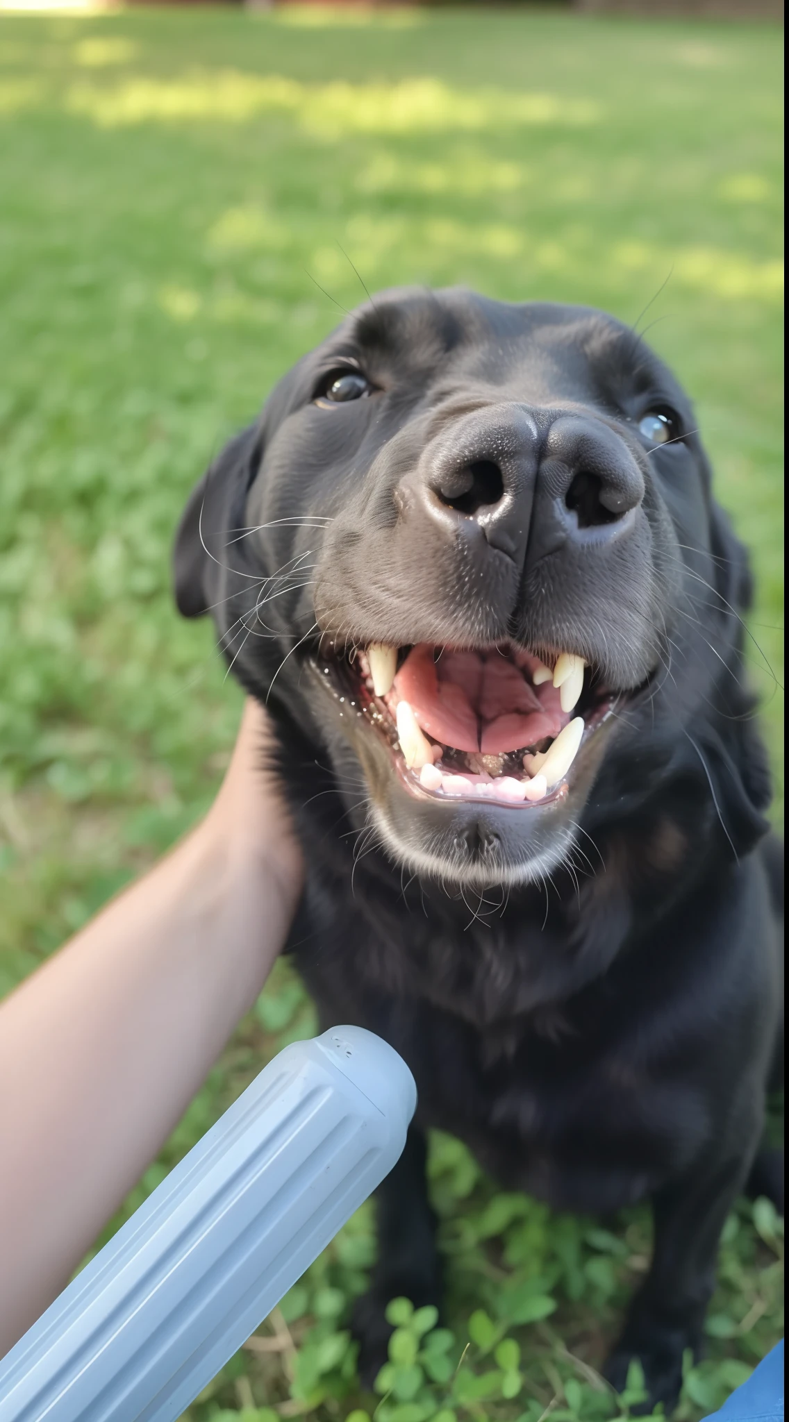 there is a black dog that is looking up at the camera, happy with his mouth open, happily smiling at the camera, highly detailed photo of happy, closeup. mouth open, selfie of a dog, happy dog, large black smile, wide grin, sneering at the camera, smiling into the camera, he is very happy, winking at the camera