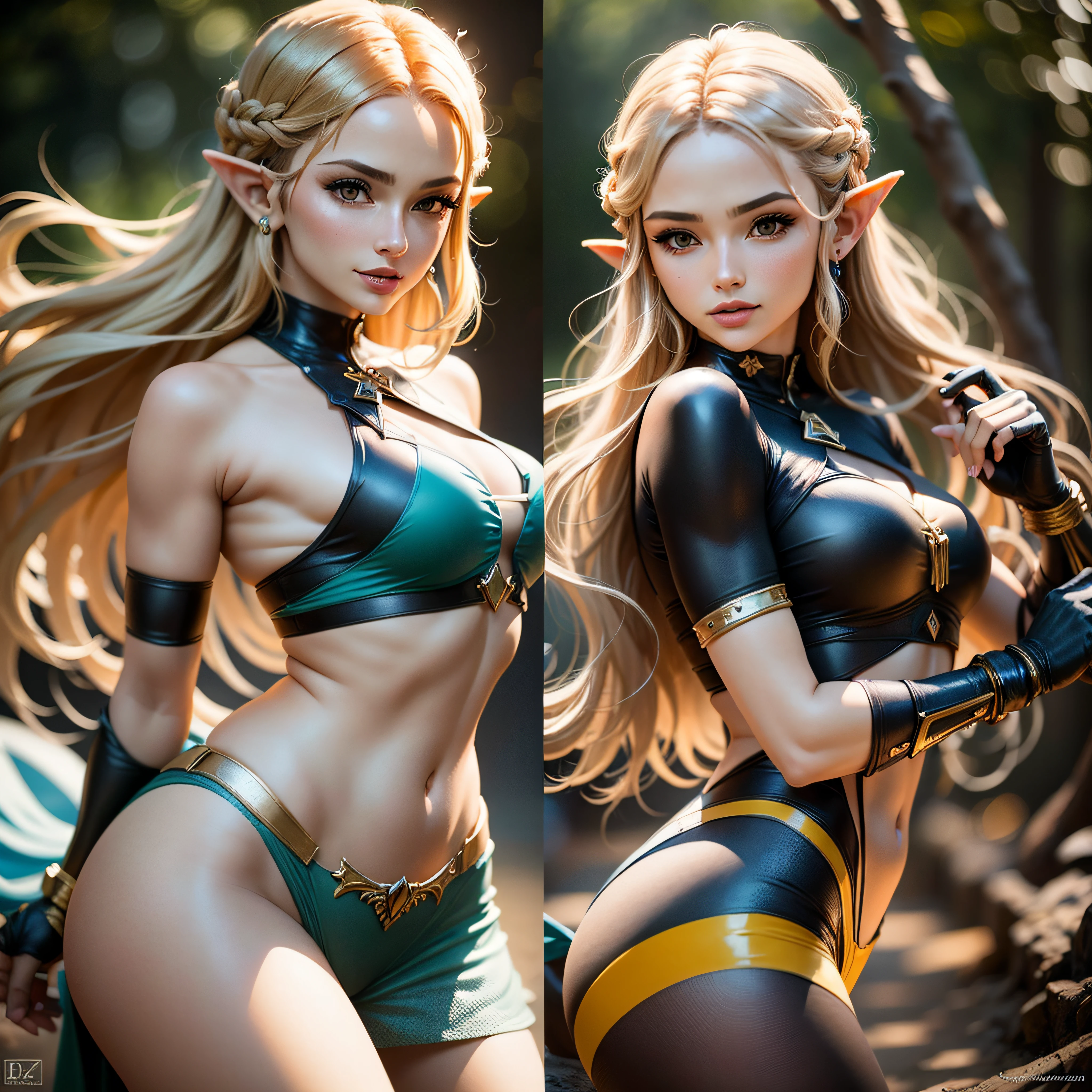 Mulher de cabelos loiros em roupa azul e bege segurando em poses de combate como em street fighter, lutando como em street fighter 2, guerreira, Zelda, Retrato de Zelda, de lenda de Zelda, Link da lenda de Zelda, link do Zelda, Fotos cosplay, Cosplay ornamentado, Cosplay profissional, Cosplay, Cosplay Completo, Artgerm Moody Fotografia, Princesa Zelda, Zelda como Triforce, Hyrule, Anime Garota Cosplay, ray-traced, 3d-render, extremanente detalhado, alta qualidade, Luz e sombra realistas, cabelos loiros, eye reflection, Sorriso leve, ray tracing, ray tracing, High detail, realismo, hiper-realismo, profundidade de campo, cinematic lighting, desfoque de movimento, brilho, luz brilhante, raios de deus, ray tracing, reflection light, Afterimage, multiple views, Reflexo da lente, Bokeh, 4k, UHD, Masterpiece, anatomicamente correto, pele texturizada, Super Detalhe, alta qualidade, best quality, 8k