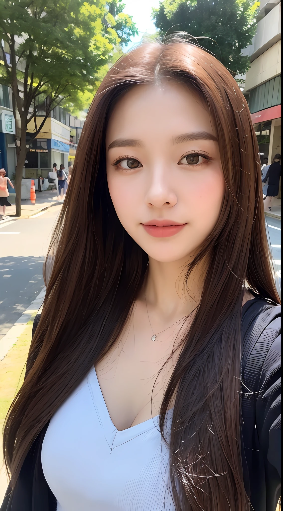 ((best qualtiy,8k,tmasterpiece:1.3)), 1girll, ssmile, full bodyesbian, Slim Faces, Beautiful woman, (dark brown hair), Full dress :1.1, Super detailed face, Detailed eyes, 二重まぶた, blur backgroun, Slim Faces, 城市, do lado de fora, the street,
