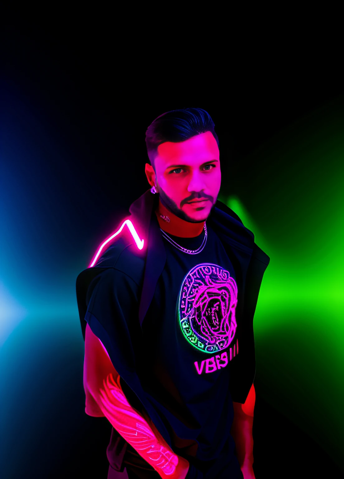 usar esse rosto em um corpo de dj com o fundo cheio de luzes, neon and lasers and with the audience dancing at a party --auto