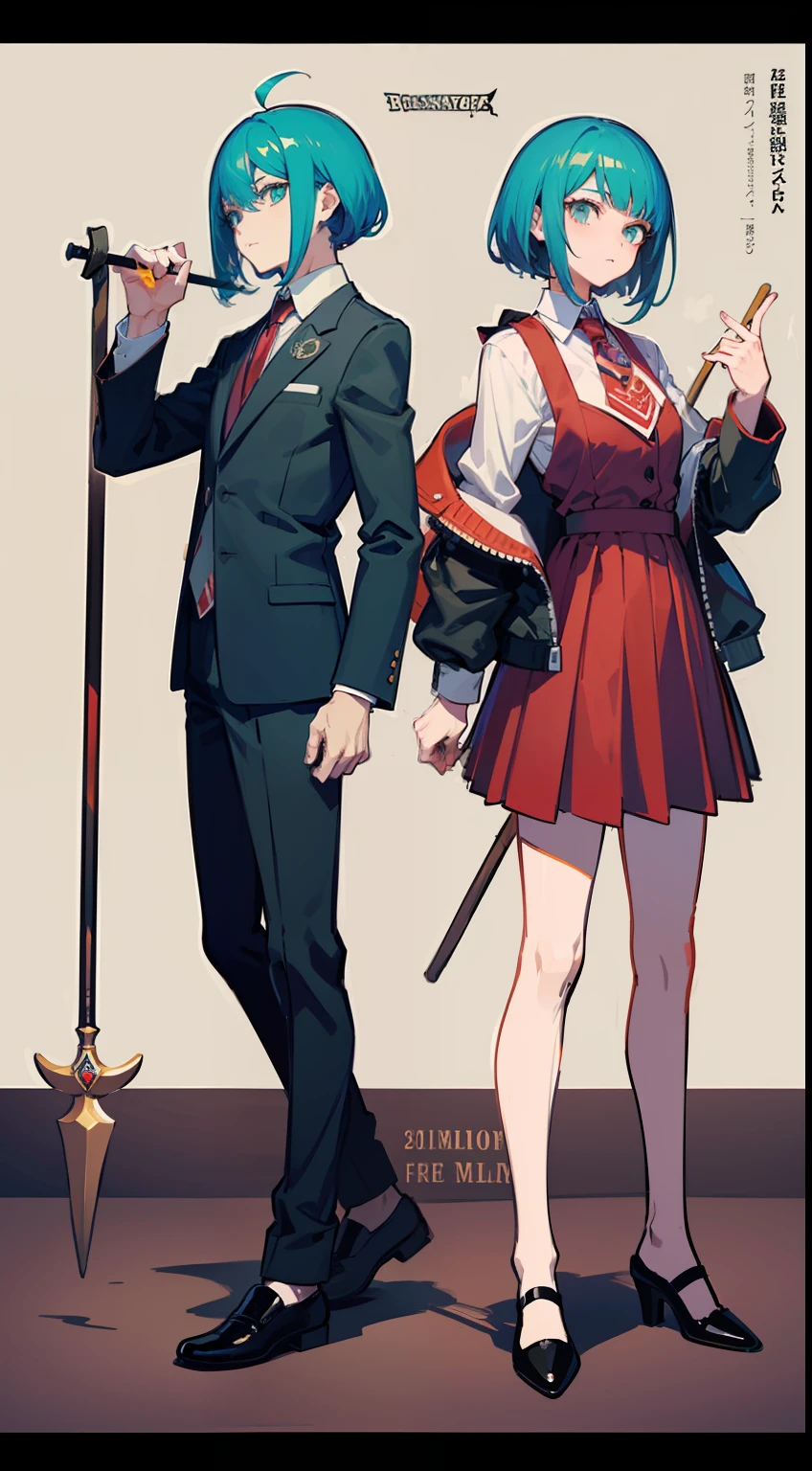 An anime character in business clothes stands in the middle of the picture, Raise your left hand,Carrying a wooden stick on his shoulder,concept art by Kamisaka Sekka, Pisif, Sots Art, ace attorney style, rimuru and milim, puce and vermillion, offcial art, vermillion and cyan, digital art from danganronpa, Medium shots of the character, clean backdrop,Black shoes,official character art