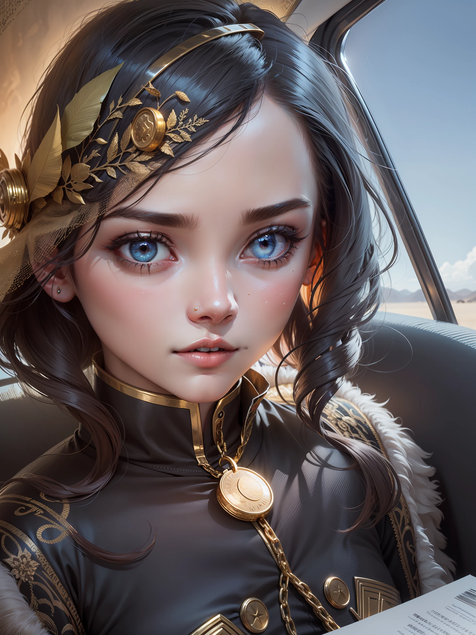 exquisite facial features，illustratio，cinematric light，fanciful，HighestQuali，ultra - detailed，best qualtiy，tmasterpiece，（详细的脸），Exquisite facial features，Skirts made of gold coins are chained together，Glowing quicksand，Floating ember crystals，golden hair accessory，Metals that reflect sunlight，（Body focus：1.25），Clear blue sky，Desert sea in background，with long coiled hair，Golden eyes，Exudes magic，darkly，Light Reflections Surrealist portraits of women by David Hockney and Alphonse Mucha，Fantasyart，photographrealistic，动态照明，art  stations，poster for，Volumetriclighting，Very detailed faces，4 k''，Award-Awarded，，1girll，in the darkness nigth，deep shading，low tune，Cowboy photos,(formal outfit:1.4),long whitr hair,whaite hair, --s2
