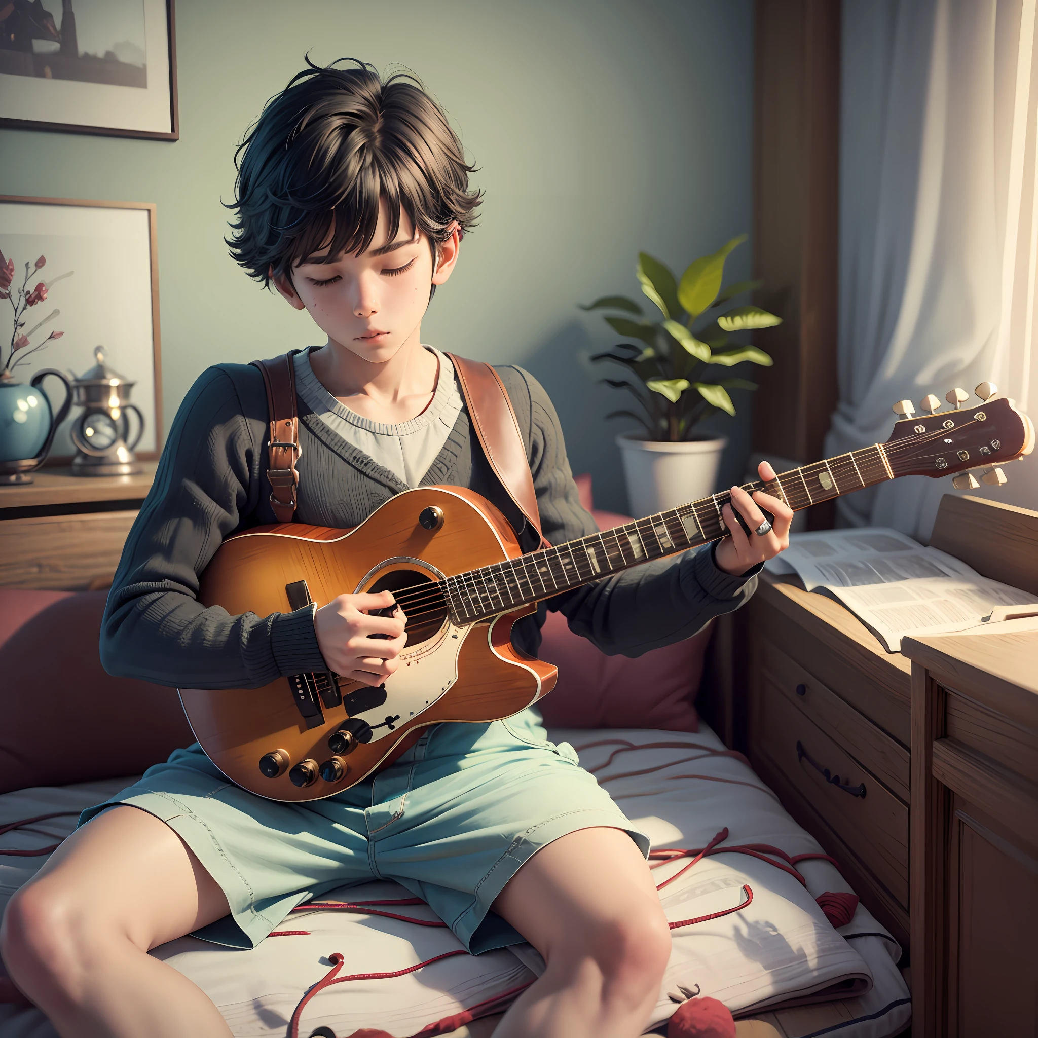 3D,Cosy room,Short black hair, muscular boy sitting on the edge of bed playing guitar,The cat sleeps at the end of the bed