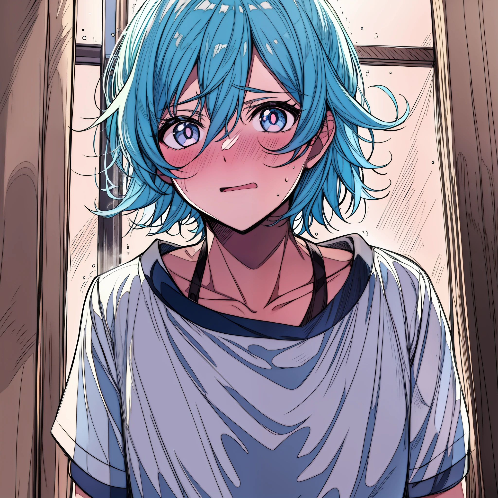 Nervous genderfluid teenager with light blue hair, grey eyes, shy, nervous, sweating,
