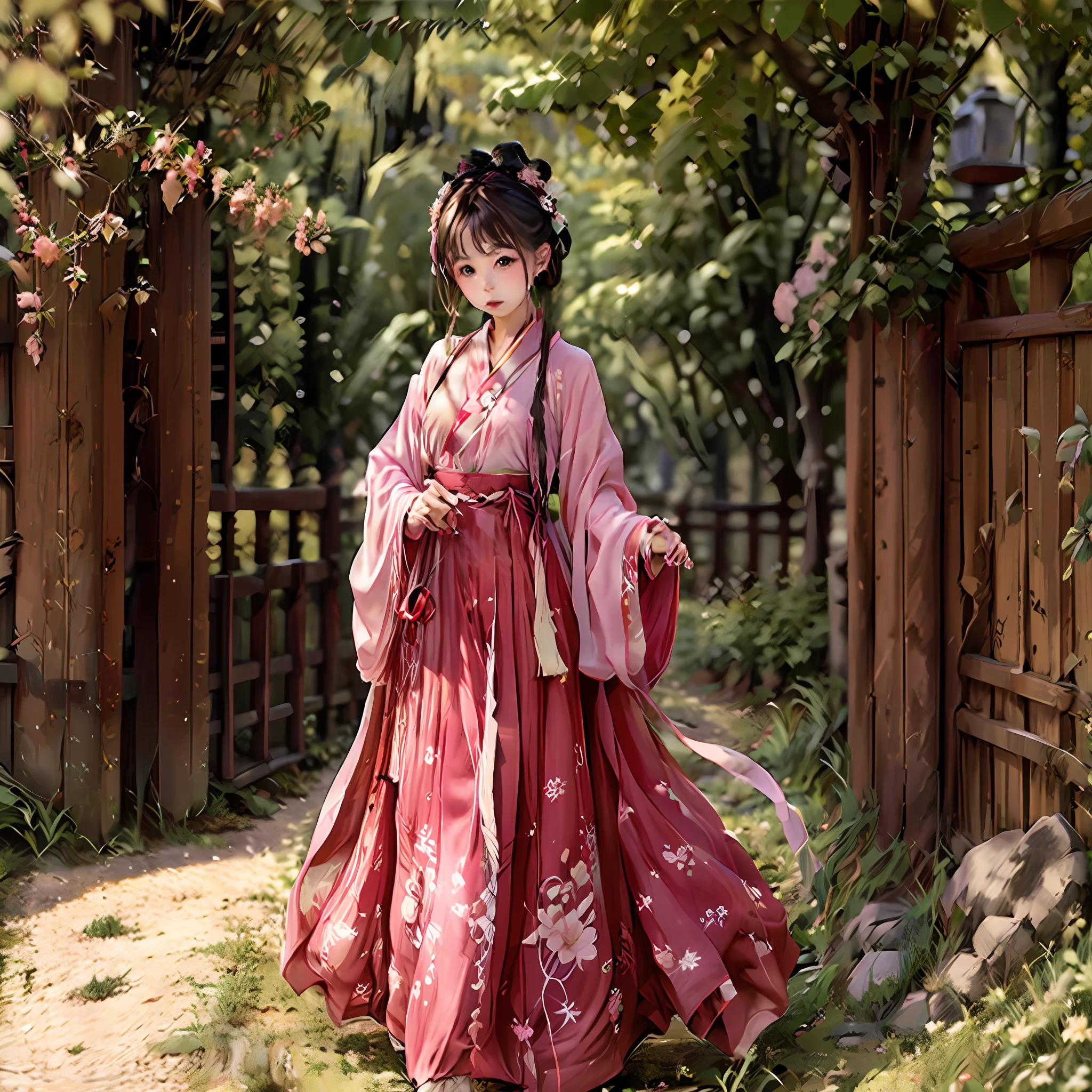 Beautiful girl with brown hair and green eyes，Wearing a kimono，Stand under the cherry blossom trees，Look up at the cherry blossom trees，Put your left hand over your chest，Reach for the cherry blossom tree with your right hand to pick the cherry blossoms --auto
