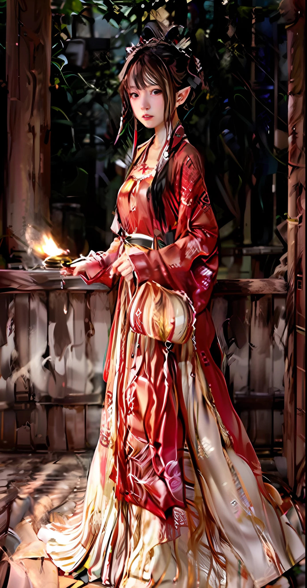 A cute elf，Holding a clock in his hand，Control the boiling stove on the side