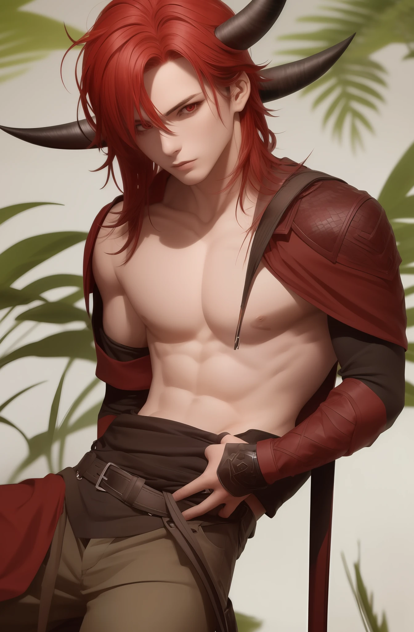 pale human with red eyes, 1,90m, Strong physique,cabelos longos negros, usa um sobre tudo vermelho e preto, black pants with a pair of black boots