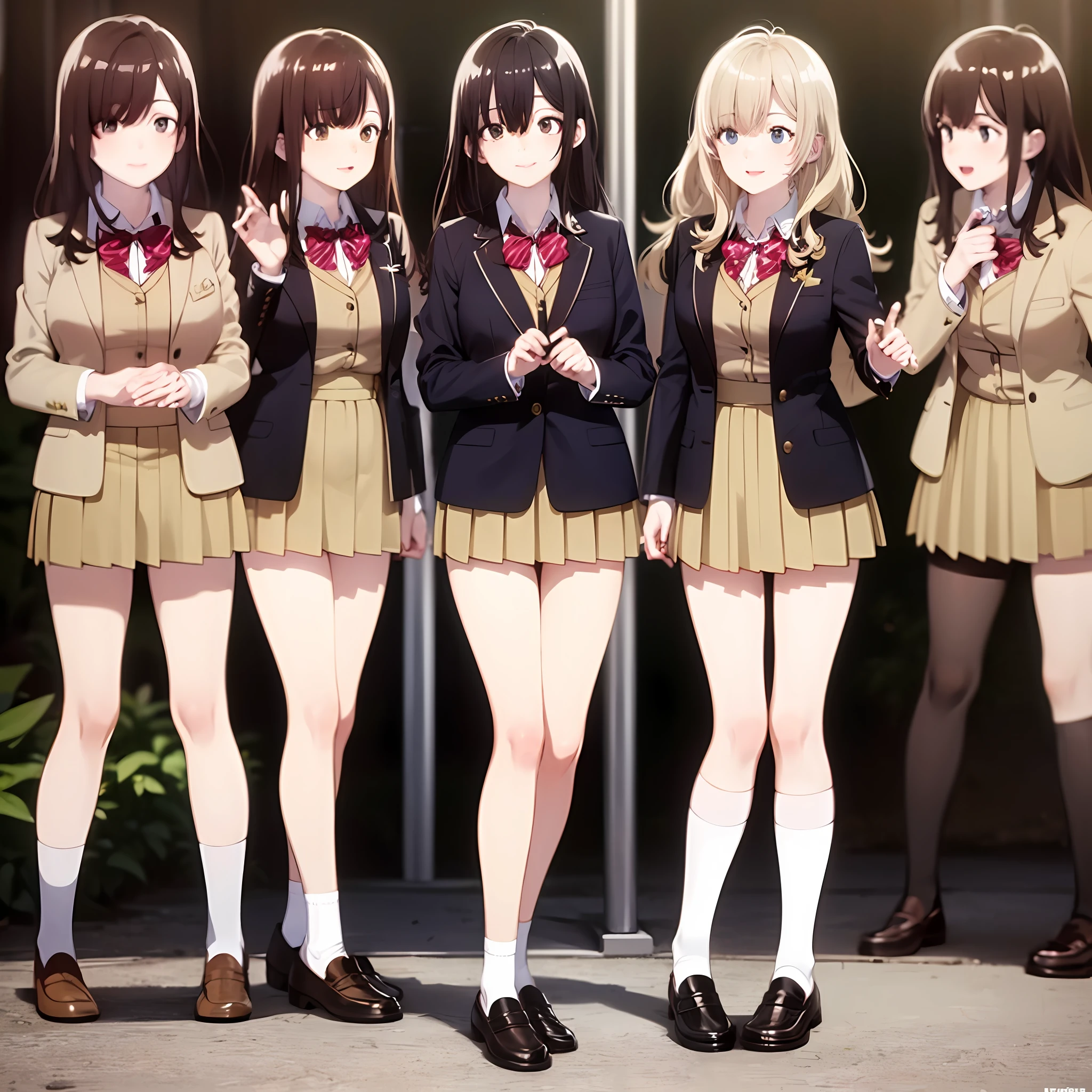 ((Masterpiece, highres)), ((thousands of, millions of, crowd of)), sisters, group, (brown haired girls, blonde girls)), long hair, curly hair, matching hairstyles, different hair color, confident, elegant, rich girls, proud smiles, (((matching outfits, identical outfits, yellow school uniforms, sexy school uniforms, yellow blazer, yellow short skirt, white thighhighs, long white socks, black loafers)))