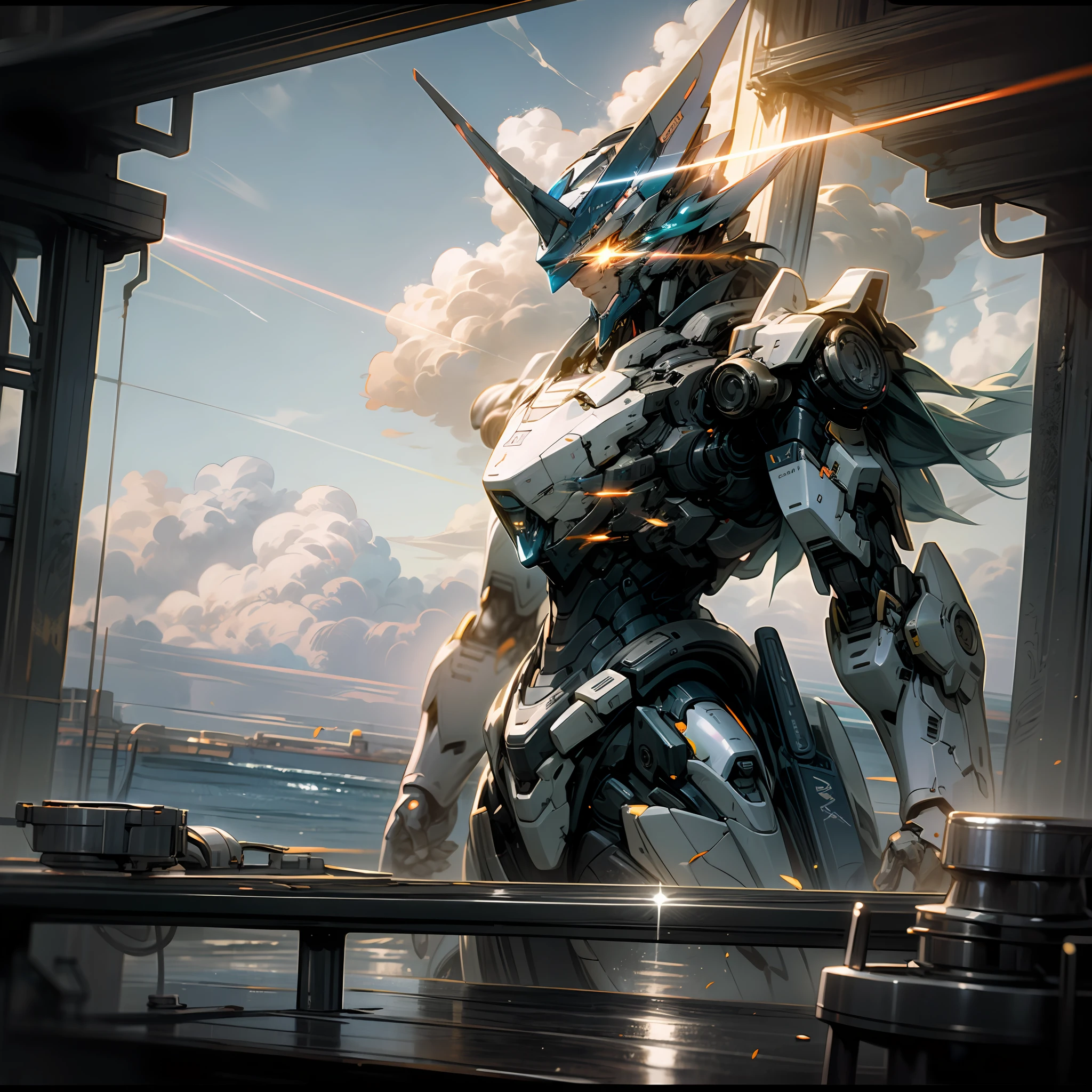 Up,sea surface,Skysky,clouds,Mecha giant,With a lightsaber,eyes glowing,8K quality,Highest image quality,The light from the back window is backlighted,Delicate picture,detail-rich,sci-fy --auto