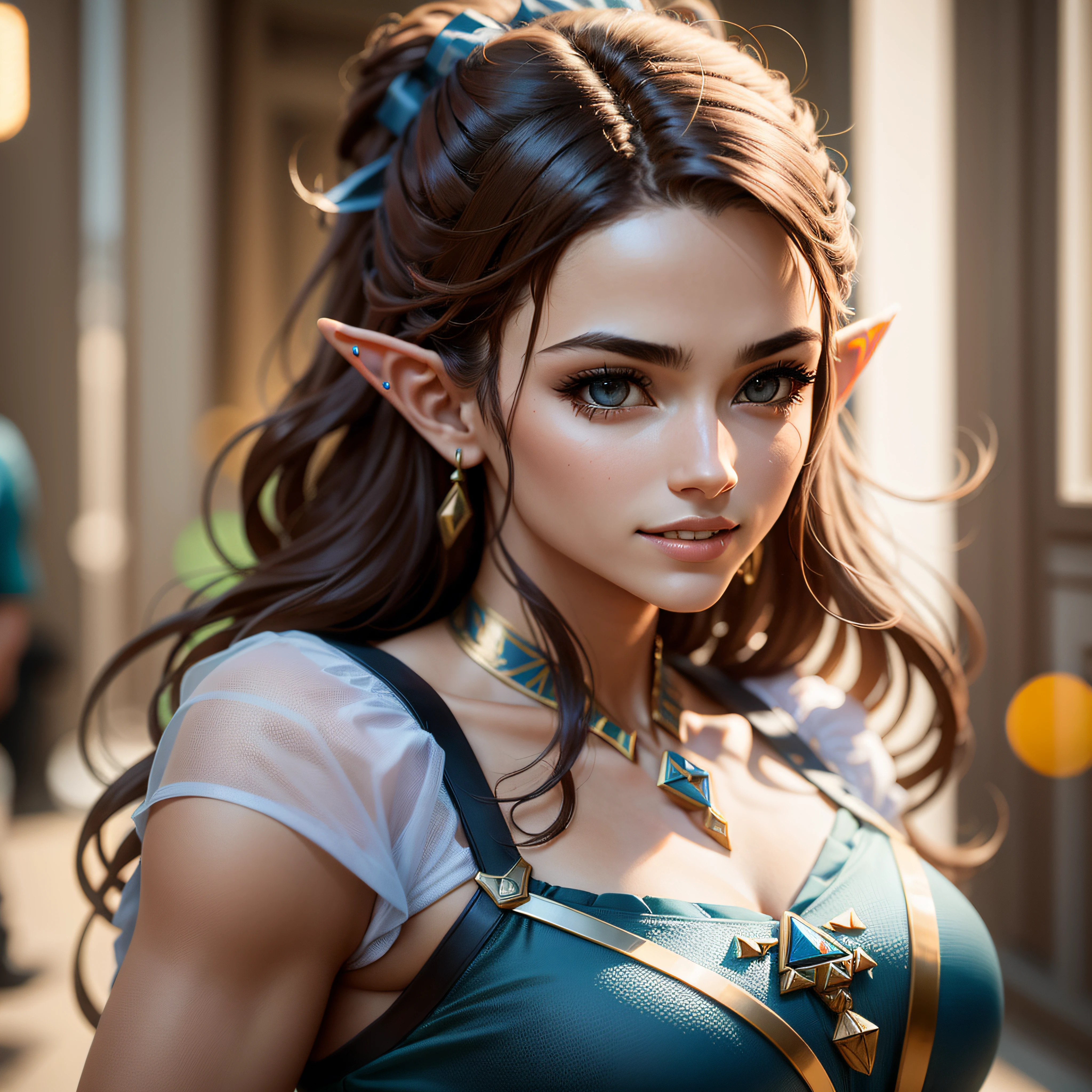 Mulher de cabelos loiros em roupa azul e bege segurando em poses de combate como em street fighter, lutando como em street fighter 2, guerreira, Zelda, Retrato de Zelda, de lenda de Zelda, Link da lenda de Zelda, link do Zelda, Fotos cosplay, Cosplay ornamentado, Cosplay profissional, Cosplay, Cosplay Completo, Artgerm Moody Fotografia, Princesa Zelda, Zelda como Triforce, Hyrule, Anime Garota Cosplay, ray-traced, 3d-render, extremanente detalhado, alta qualidade, Luz e sombra realistas, cabelos loiros, eye reflection, Sorriso leve, ray tracing, ray tracing, High detail, realismo, hiper-realismo, profundidade de campo, cinematic lighting, desfoque de movimento, brilho, luz brilhante, raios de deus, ray tracing, reflection light, Afterimage, multiple views, Reflexo da lente, Bokeh, 4k, UHD, Masterpiece, anatomicamente correto, pele texturizada, Super Detalhe, alta qualidade, best quality, 8k