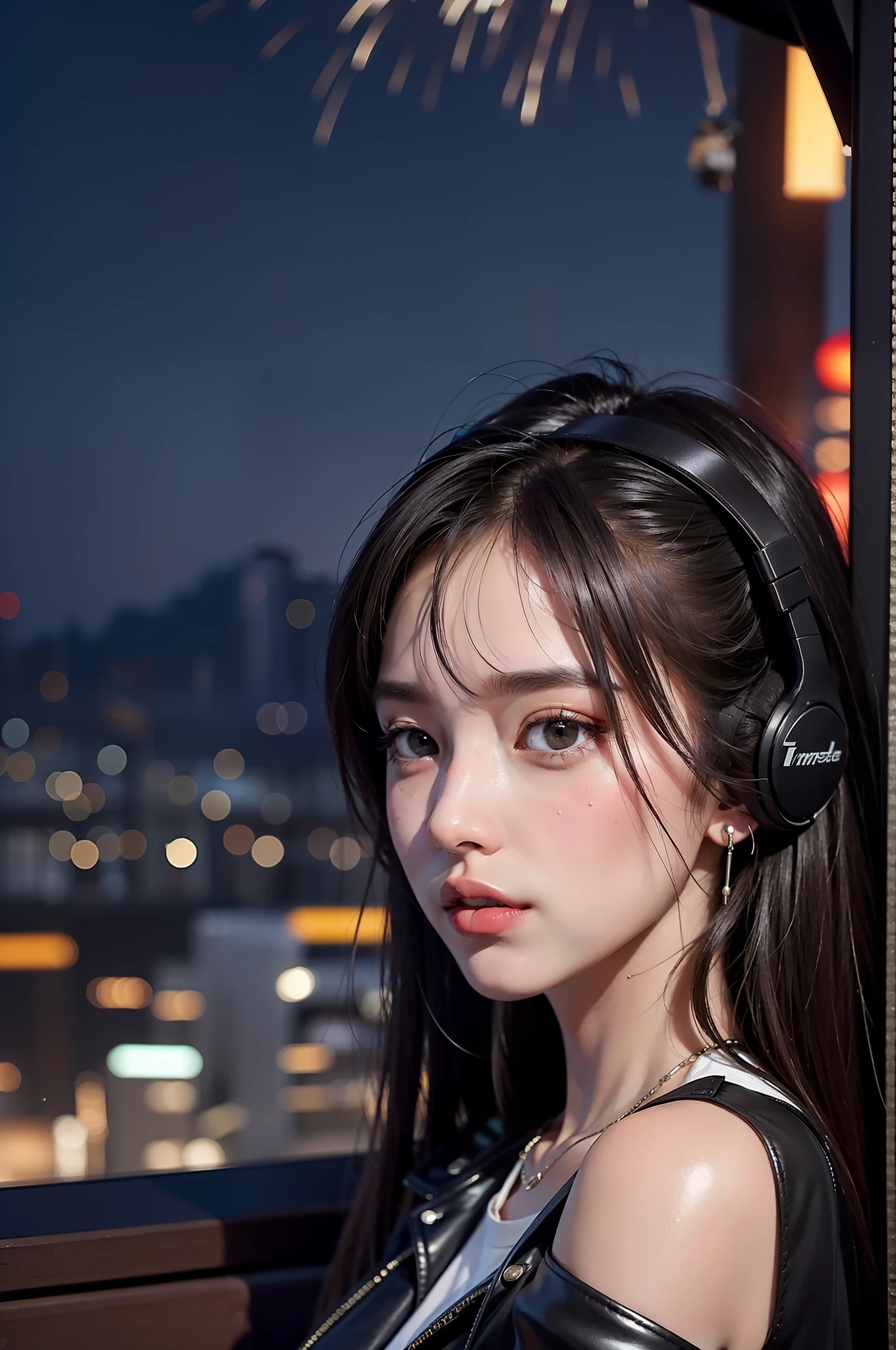 ((tmasterpiece)), best qualtiy, Realistic rendering, Exceptional detail,Tokyo at night,8K original photos,Roof roof,City lights,One wears silver headphones、Girl in tight leather jacket,The eyes are decadent,Starry sky fireworks behind you。