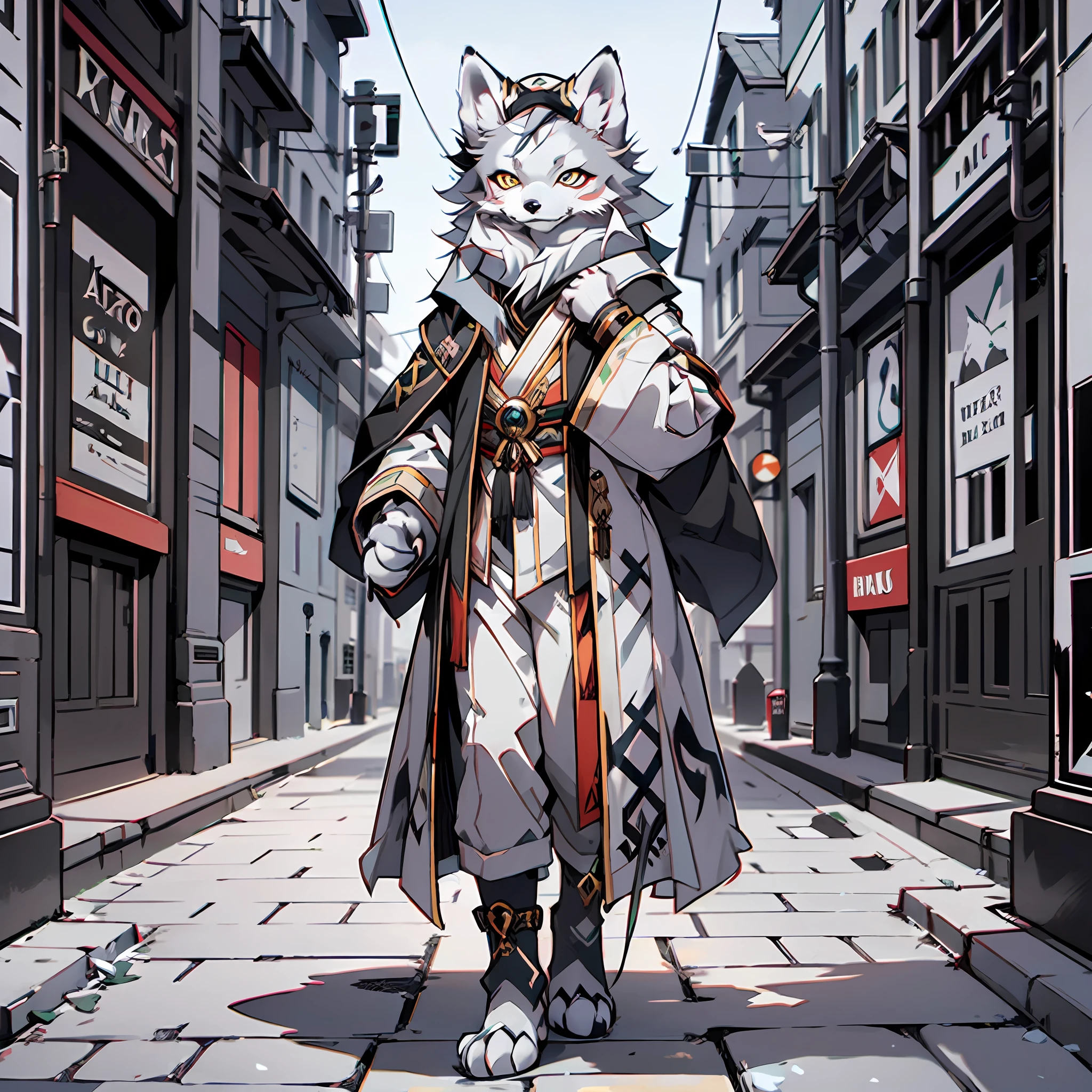(Best picture quality),(tmasterpiece),,(((solo person))),(ultra - detailed),(Male arctic fox:1.5), (Light gray skin:1.3), (pale gray fur:1.3),((Golden pupils)),Red eyeliner, ((Canine paws)), ((Gray paws)),(grey ears),Sharp focus,(The furry feeling of animal ears),Wearing a black magician's robe,magnificent robe,Wearing a magic hat,Stand on the streets of the Middle Ages,Detailed characters,detailedbackground