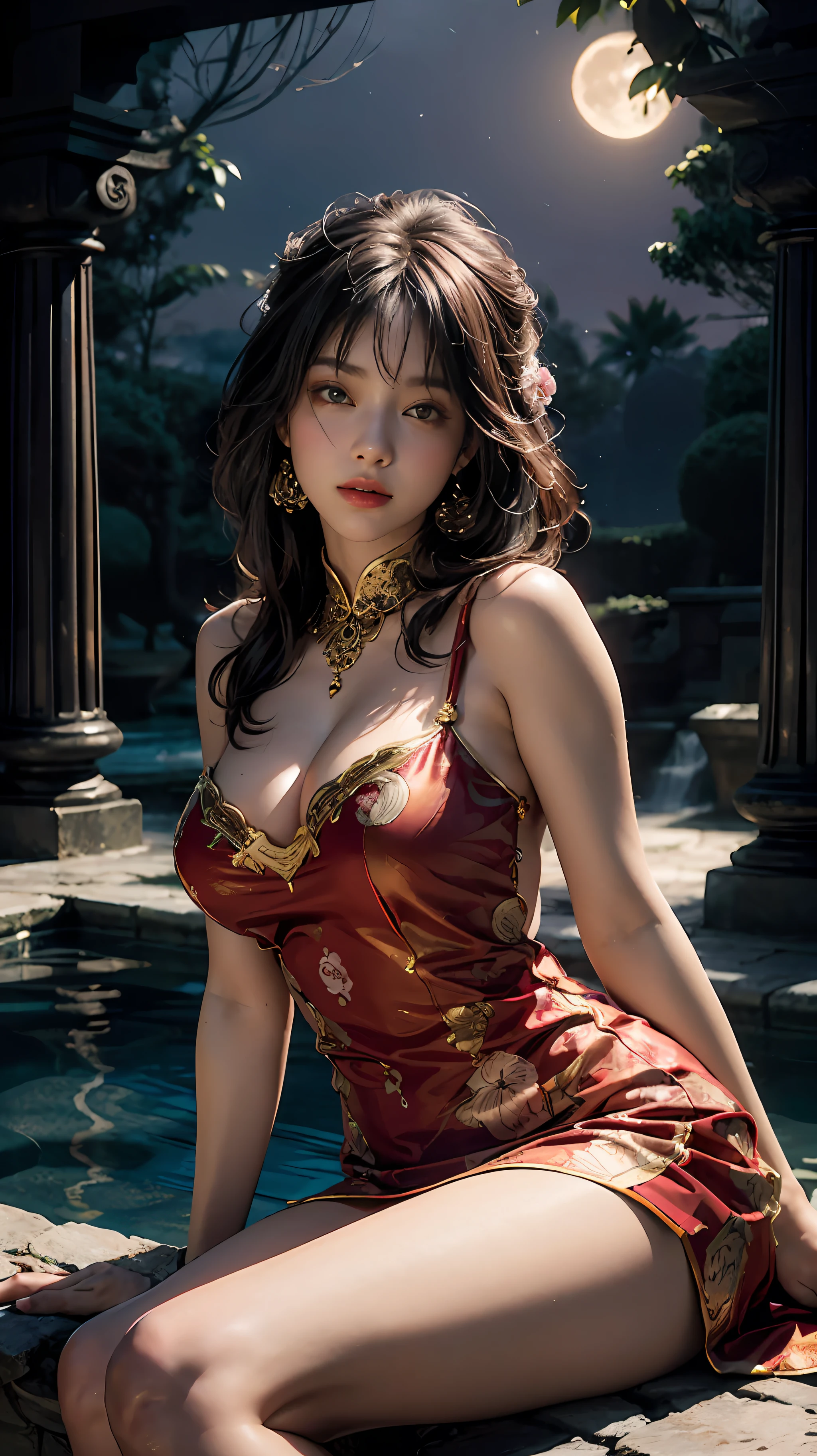 The art depicts a charming woman dressed in a flowing, silky traditional oriental dress, pink, decorated with intricate patterns and bright colors. Her dress drapes elegantly over her curvy figure, accentuating her seductive silhouette. She stood gracefully in the quiet moonlit night, bathed in the soft glow of the moonlight. The scene exudes an ethereal and dreamy atmosphere, with a touch of mystery and sexiness. The graphic style blends watercolor and digital illustration techniques to evoke a refined beauty and charm. The lights are filled with soft moonlight, casting soft highlights and shadows on her charming features. Bare thighs, big breasts, three-dimensional facial features, sitting, upturned legs, clear eyes, Yellow Crane Tower in the distance