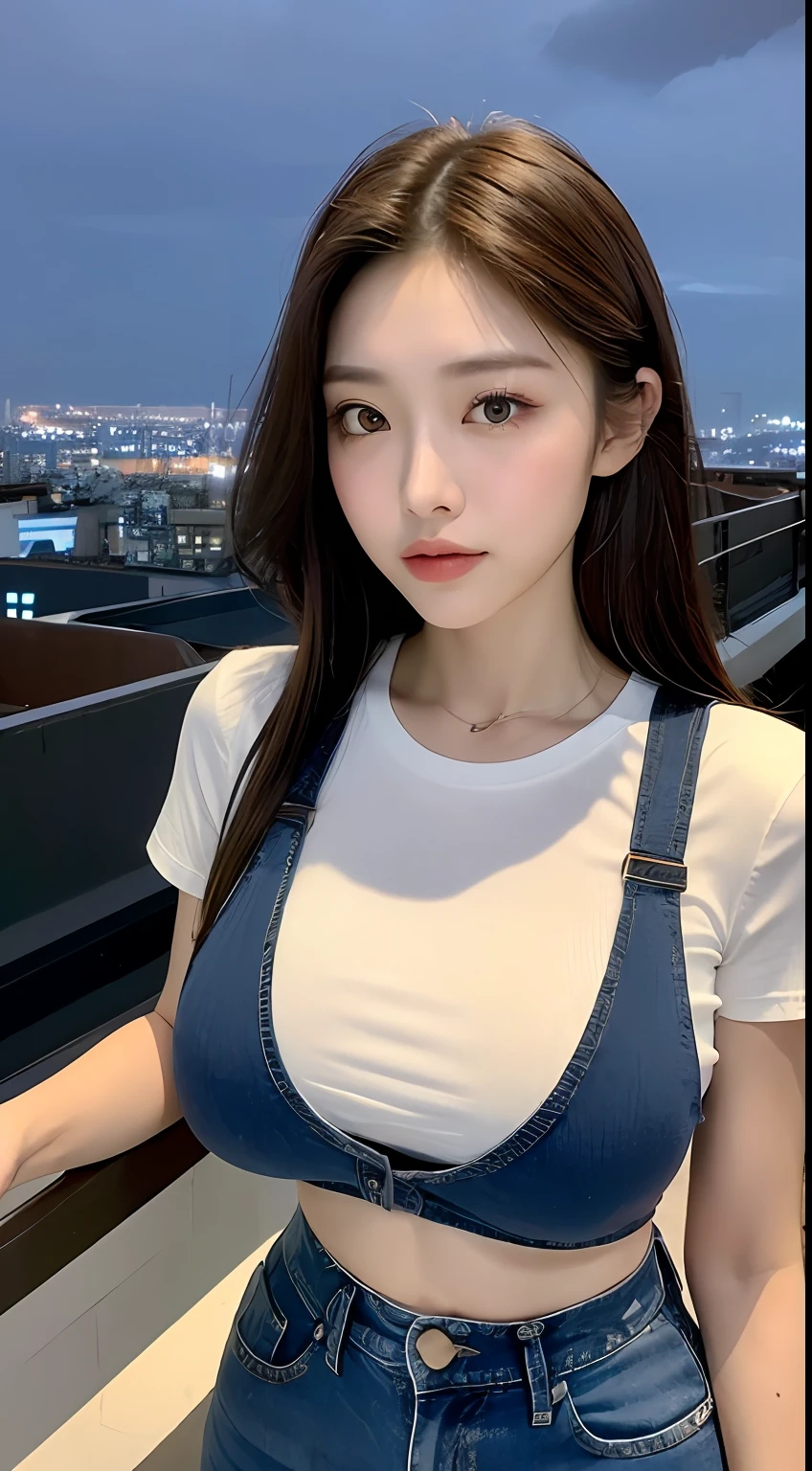((Midnight, Best quality, 8k, Masterpiece :1.3)), Whole body, Long legs, Sharp focus :1.2, A pretty woman with perfect figure :1.4, Slender abs :1.1, ((Dark brown hair,Gigantic breasts :1.2)), (White tight tshirt, Jean bib, Standing:1.2), ((Night city view, Rooftop:1.3)), Highly detailed face and skin texture, Detailed eyes, Double eyelid