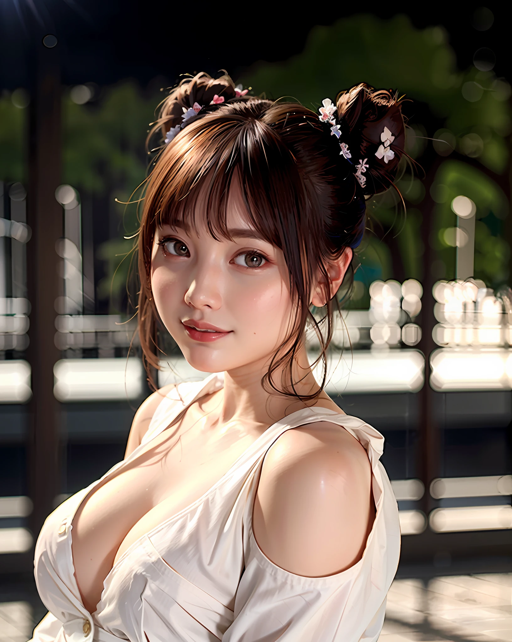 best quality, 1girl, (skindentation), (large breast), (day), bright, blur background, outdoor, (street:0.6), (people, crowds:1), (double bun head:1.5), (blouse:1.5), gorgeous, (floating hair:1.5), (dynamic pose:0.8), soft lighting, wind, garden,