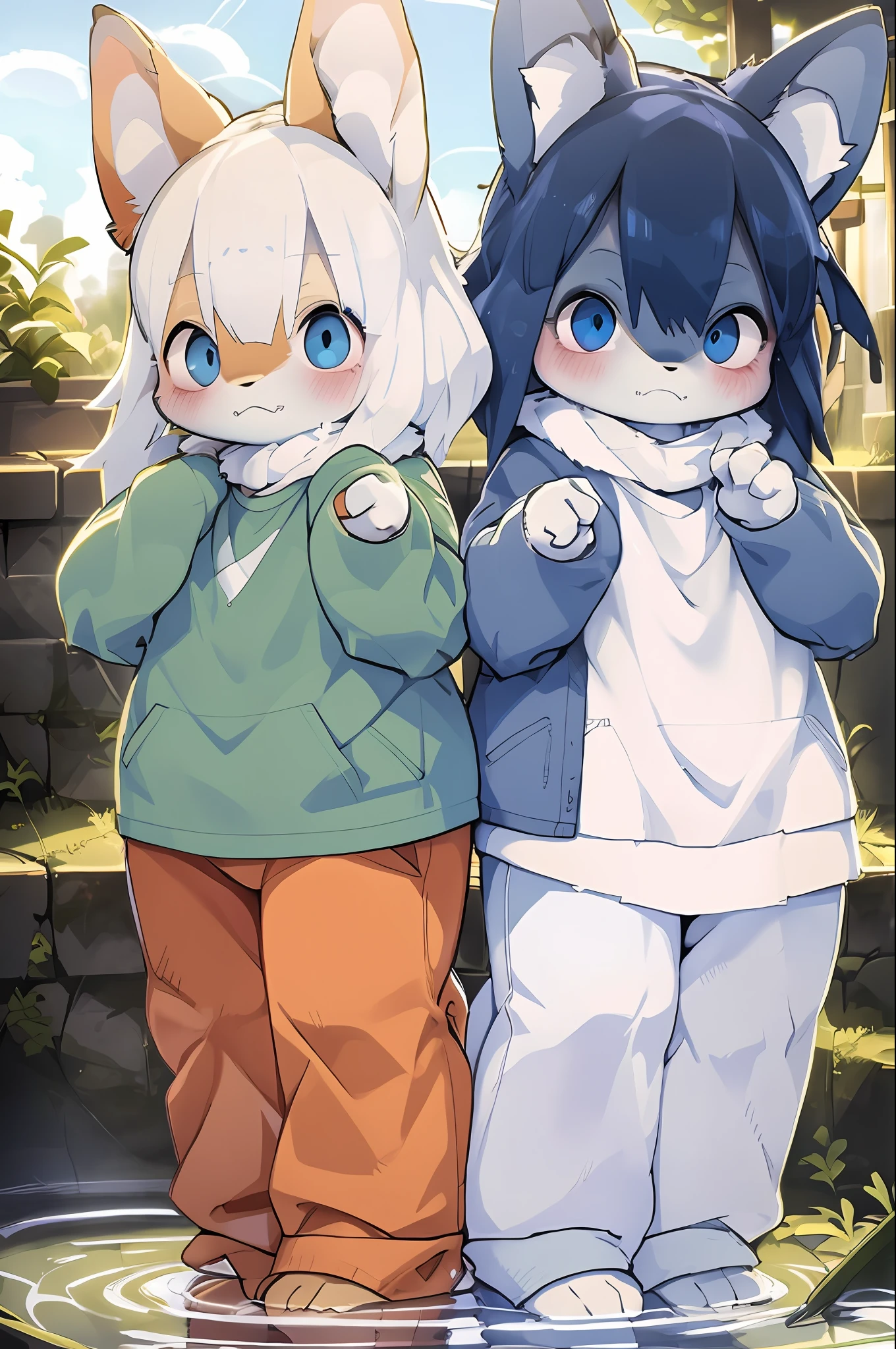 tmasterpiece，Best Picture Quality，Animal ears and fur，Libido boy，hyperdetailed illustration，超高分辨率，Exquisite illustrations，，，eBlue eyes，blue  hair，Blushlush，Sweatshirt，longer sleeves，exteriors，ponds，short detailed hair，Sit Pose，Soak your feet，独奏，Double tail，Eau。