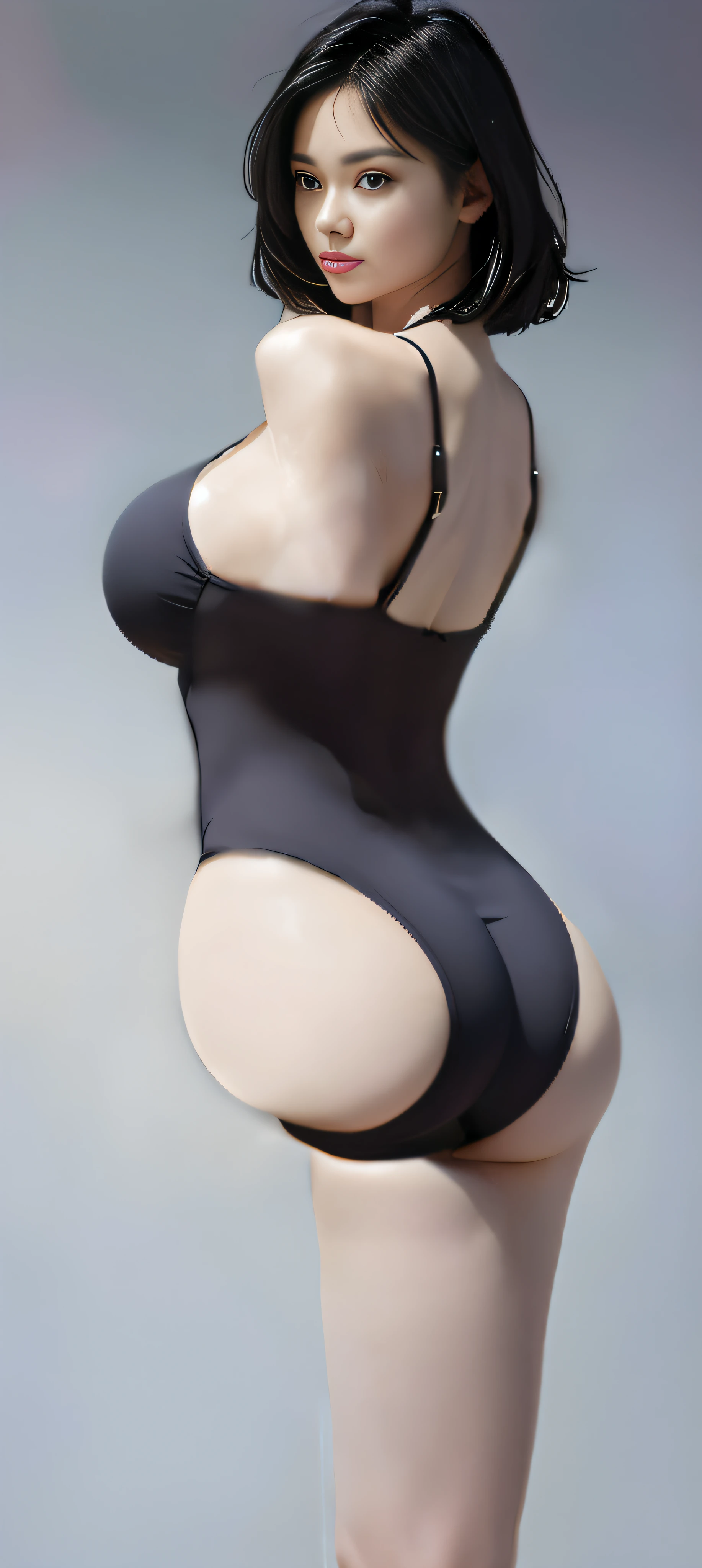 Araff armless one-legged woman poses in black swimsuit, realistic shadow perfect body, photorealistic perfect body, pinup body, thicc, the cute sexy ass, curvy hourglass figure, swimsuit, smooth. Digital painting, soft curvy shape, Hourglass figure, perfectly shaded body, realistic bikini, smooth digital concept art, shapely toned derriere, Curvy figure