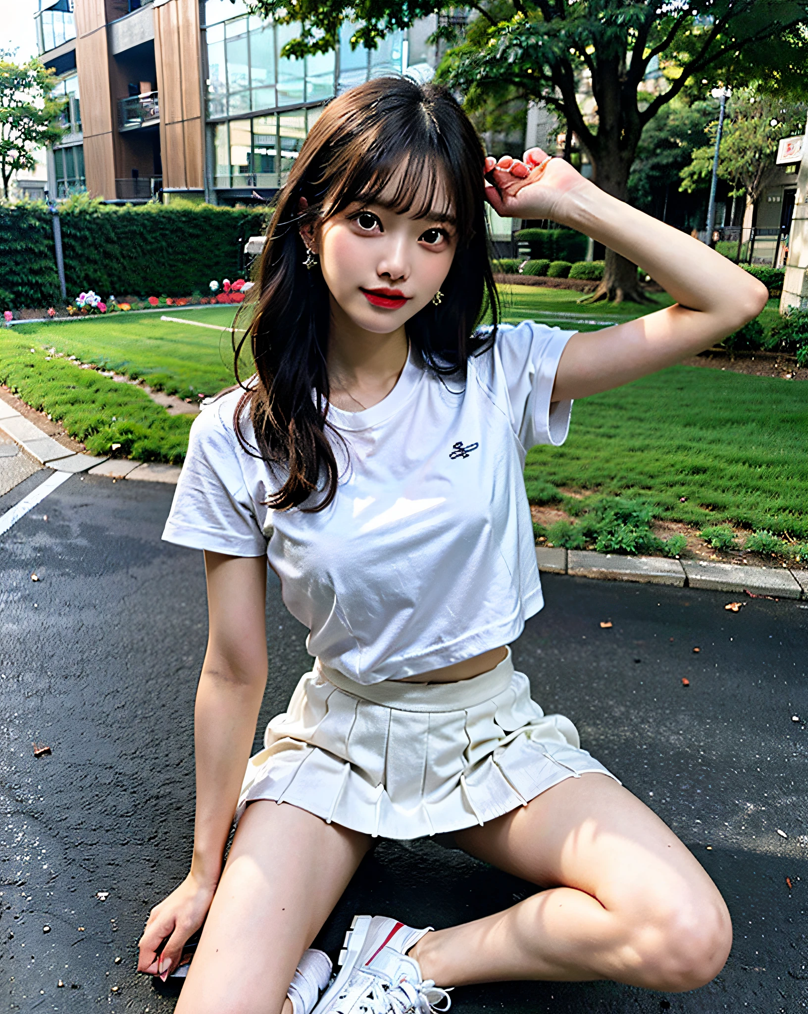 top-quality、Hi-Res、8K、Girl 1 Mature Mature Mature Woman Person、during the day、、A dark-haired、short-cut、with light glowing、outside of house、Luxury、(Medium Hair)、Beautiful detail sky、Beautiful earrings、(dynamicposes:0.8)、(fullllbody:1.2)、Soft breeze、shinny skin、line of sight、Bust、、Raise your hand(So much so that you can see your armpits.)、perspiring、(Open your legs so that you can see your crotch:1.2)、White polo shirt、White sneakers、Tennis Wear、White mini skirt、
