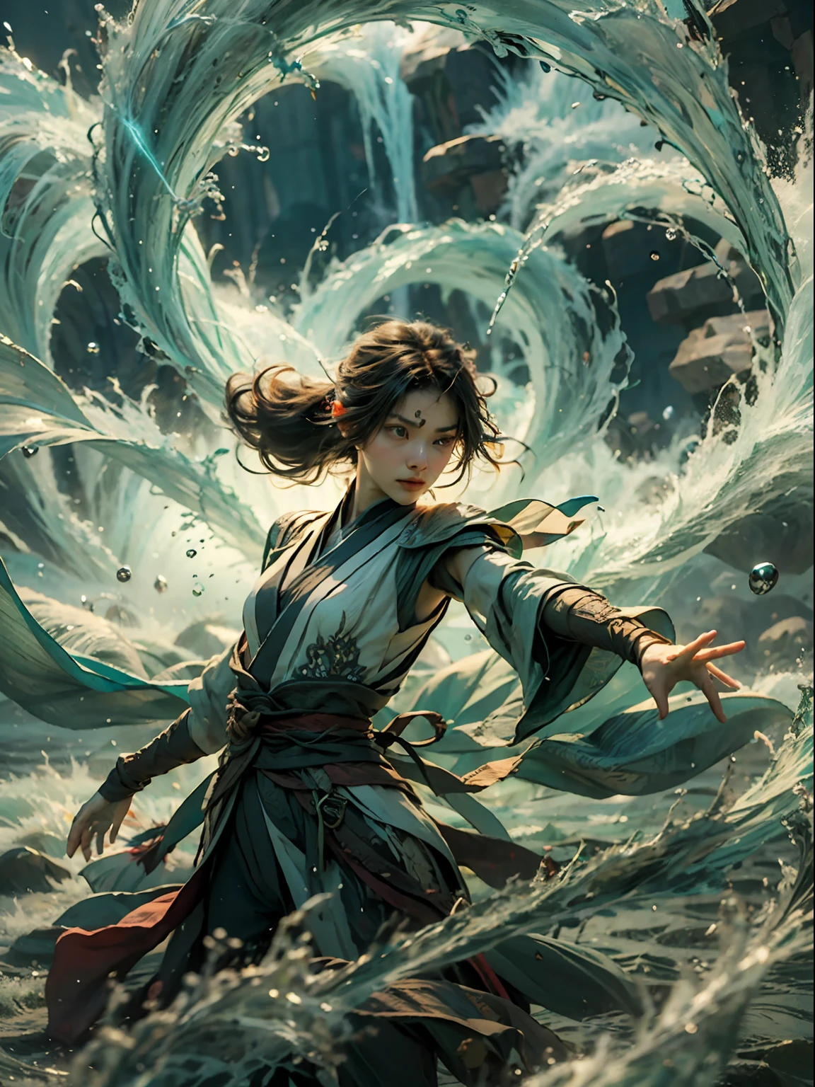 Blockbuster movies,Cinema lenses,Detailed details,Detailed facial expressions,Detailed hands((best qualtiy)), ((tmasterpiece)), (A detailed), (Realistis), (offcial art), (Very detailed CG unity 8K wallpaper), (Water magic:1.2), (Mobile firepower:1.1), (element control:1.2), (graceful movements:1.1), (Aquatic beauty:1.2), (Mysterious powers:1.2), (Serene expression:1.1), (Flowing tides:1.2), (Sparkling water droplets:1.2), (magic aura:1.1), (magic incantation:1.2), (Ripple waves:1.2), (Brilliant flame formation:1.1), (Emerges from a whirlpool of water:1.2), (Resonate with nature:1.2),(commanding the elements:1.2),(translucent veils:1.1),(Wisdom and strength:1.2),(swirls of magic:1.2),(Glowing zigzag:1.1),(Harmony with the sea:1.2),(Mysterious origins:1.2),(harmonious balance:1.1),(The power of tranquility:1.2),(A fascinating spectacle:1.2),(Immerse yourself in liquid magic:1.1),(Embrace her destiny:1.2)真实感,超高分辨率
