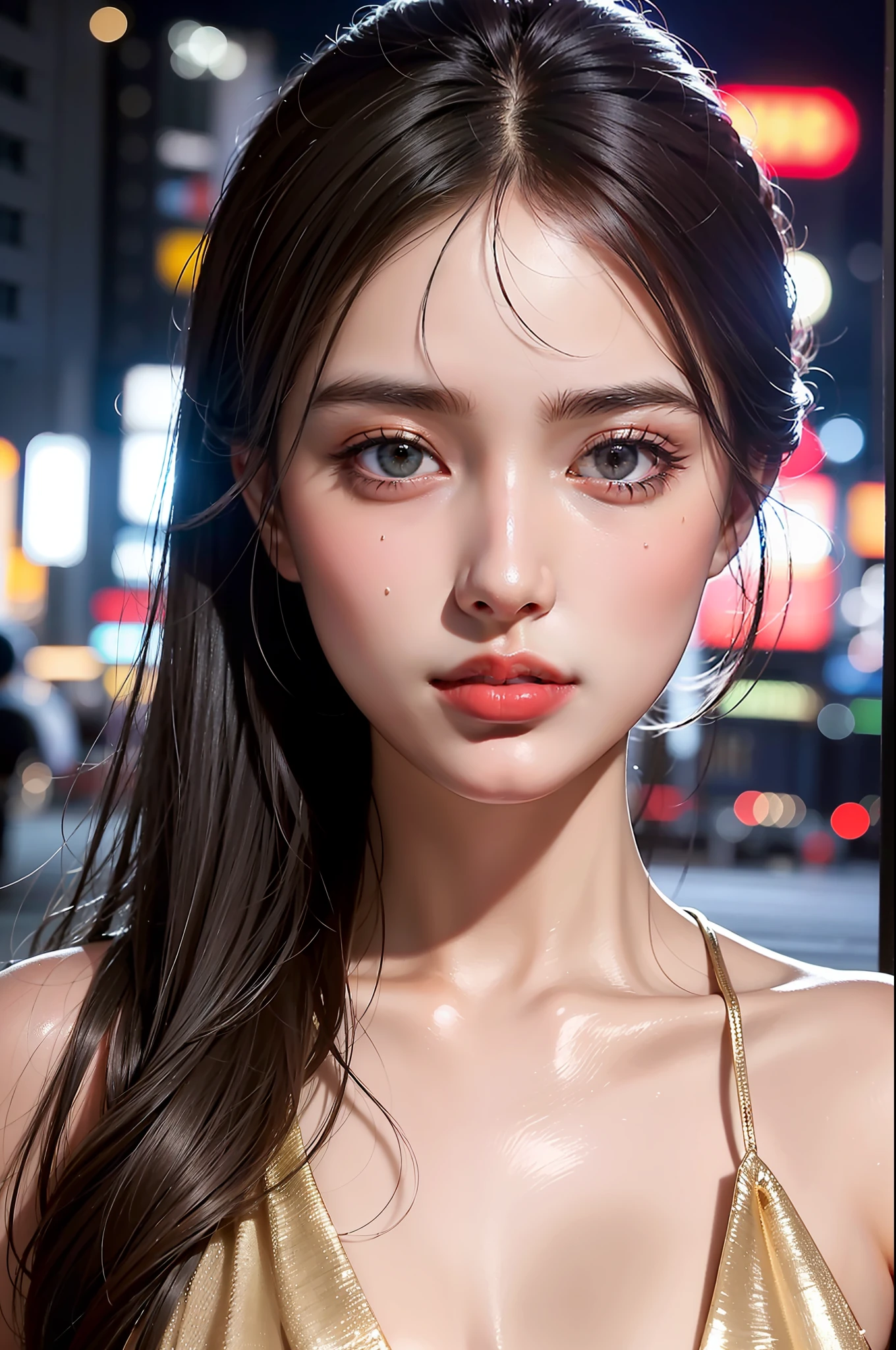 1girl, Tokyo street,night, cityscape,city lights, upper body,close-up, 8k, RAW photo, best quality, masterpiece,realistic, photo-realistic,