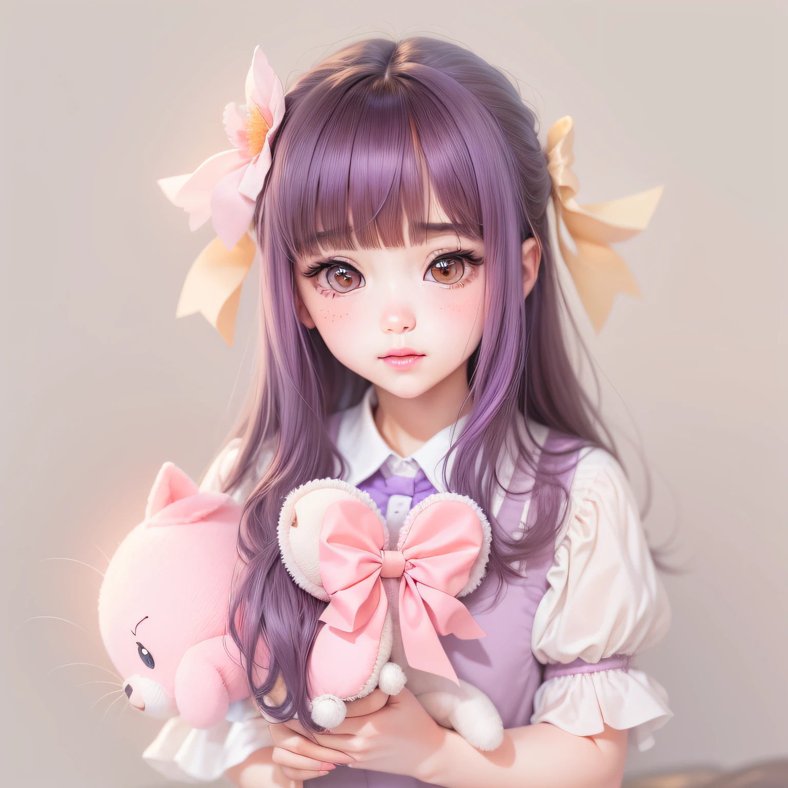 (masterpiece),The picture quality is the best,Cartoon ,Lori cooed,vivid and vibrant,Sweet and cute,The shape of the mouth is iconic,Peach bow tie,Irregular cut short bangs,Peach blossom color long straight hair,in pink、purpleish color、White dress color scheme,holding stuffed toy,Lovely and warm,Moe is sweet and striking!