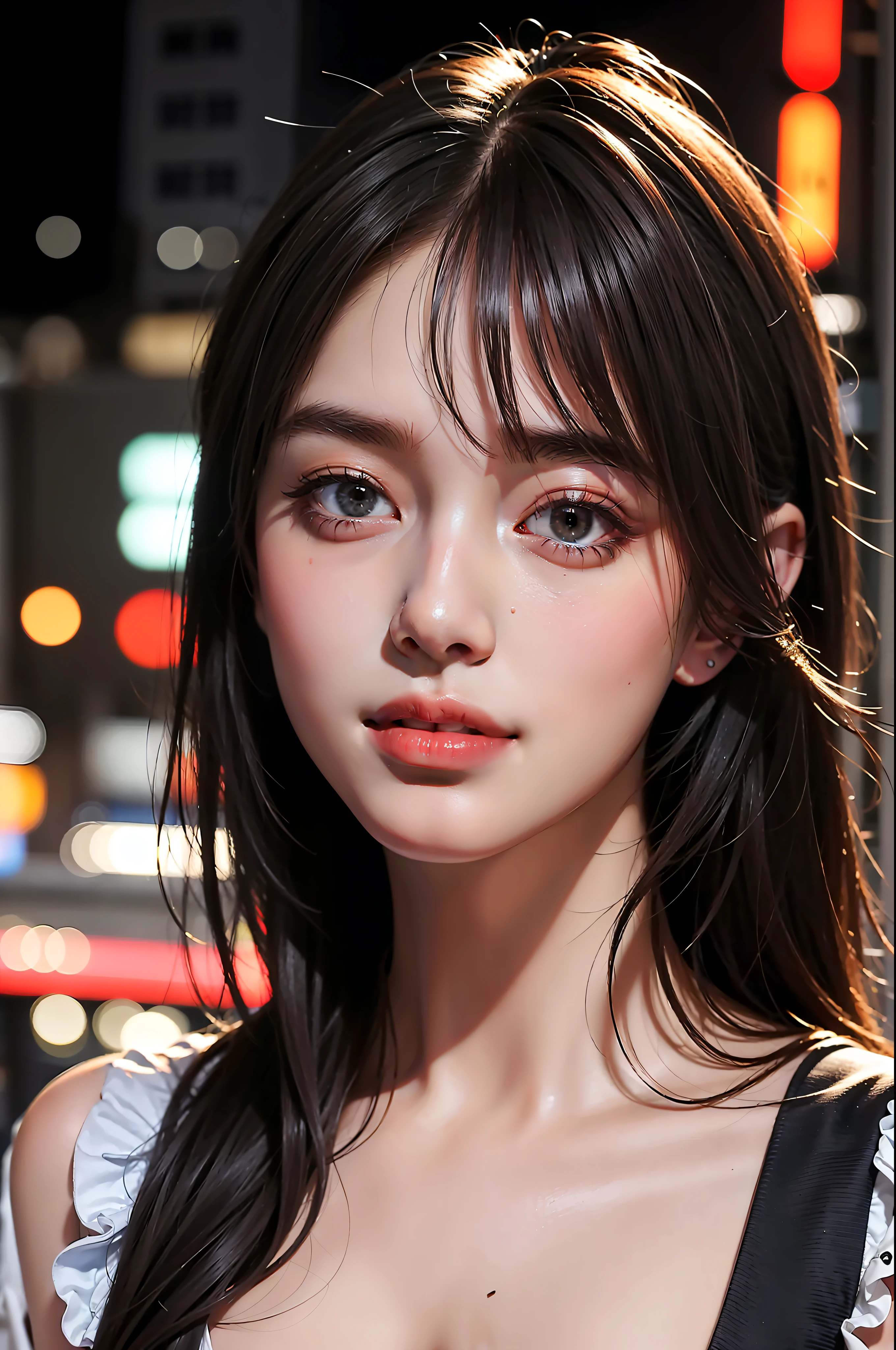 1girl, Tokyo street,night, cityscape,city lights, upper body,close-up, 8k, RAW photo, best quality, masterpiece,realistic, photo-realistic,