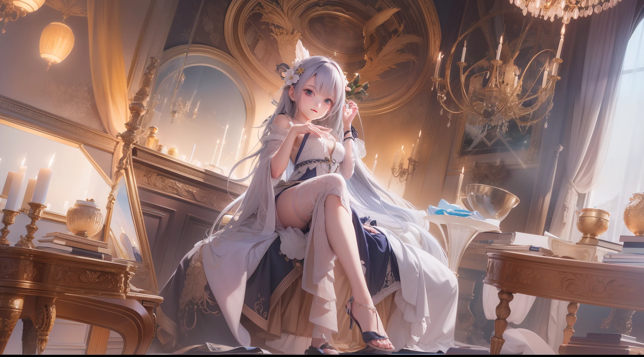the Extremely Detailed CG Unity 8K Wallpapers,tmasterpiece,best qualtiy,ultra - detailed,best illuminate,best shadow,Extremely refined and beautiful,1girll,floatking,high saturated,beauitful face,flat lay,posing on a