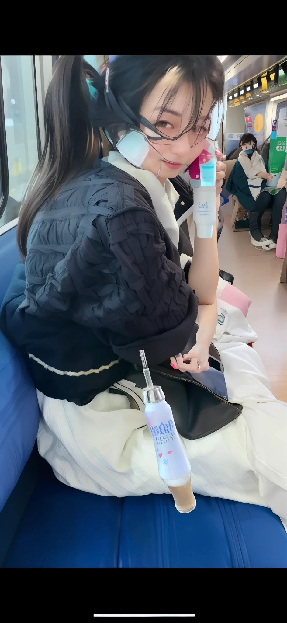Woman sitting on blue sofa with mobile phone in hand, with an iv drip, 😭 🤮 💕 🎀, 🤬 🤮 💕 🎀, Carry a bottle of perfume, Drinking beer at the train station, beer in hand!!, candid shot, beer in hand, with a drink, candid picture, Holding a bottle, holding a drink, sitting in tokyo