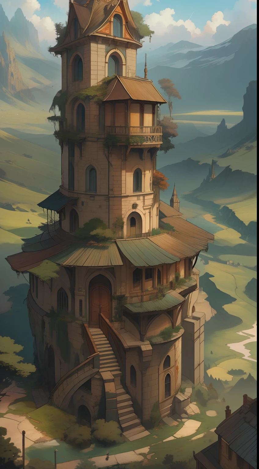 fantasy tower in the plain, beautiful landscape, from Brian Froud and Carne Griffiths and Wadim Kashin and John William Waterhouse, 8K post-production, high resolution, hiperdetailed, trending in artstation, sharp-focus, Studio photo, from Greg Rutkowski