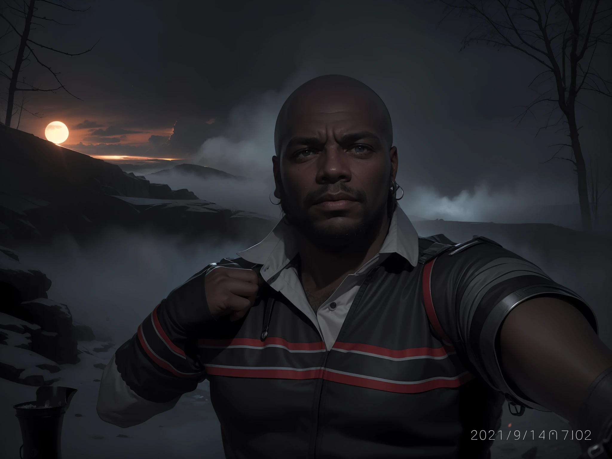 Retrato de corpo inteiro do homem com cabelo preto curto, olhos azuis, with handle made of steel, metallic skin, musculoso, forte, robusto, no meio da floresta, neve, inverno, Fog and mist, night sky on background, movie poster, (textura da pele), intrinsecamente detalhado, ray tracing, Subsurface scattering, intrincado, High detail, foco nítido, Dramatic and Photorealistic, assustado, cinemactic, filmic grain, darkeness, In Russia, horror, assustador, poster