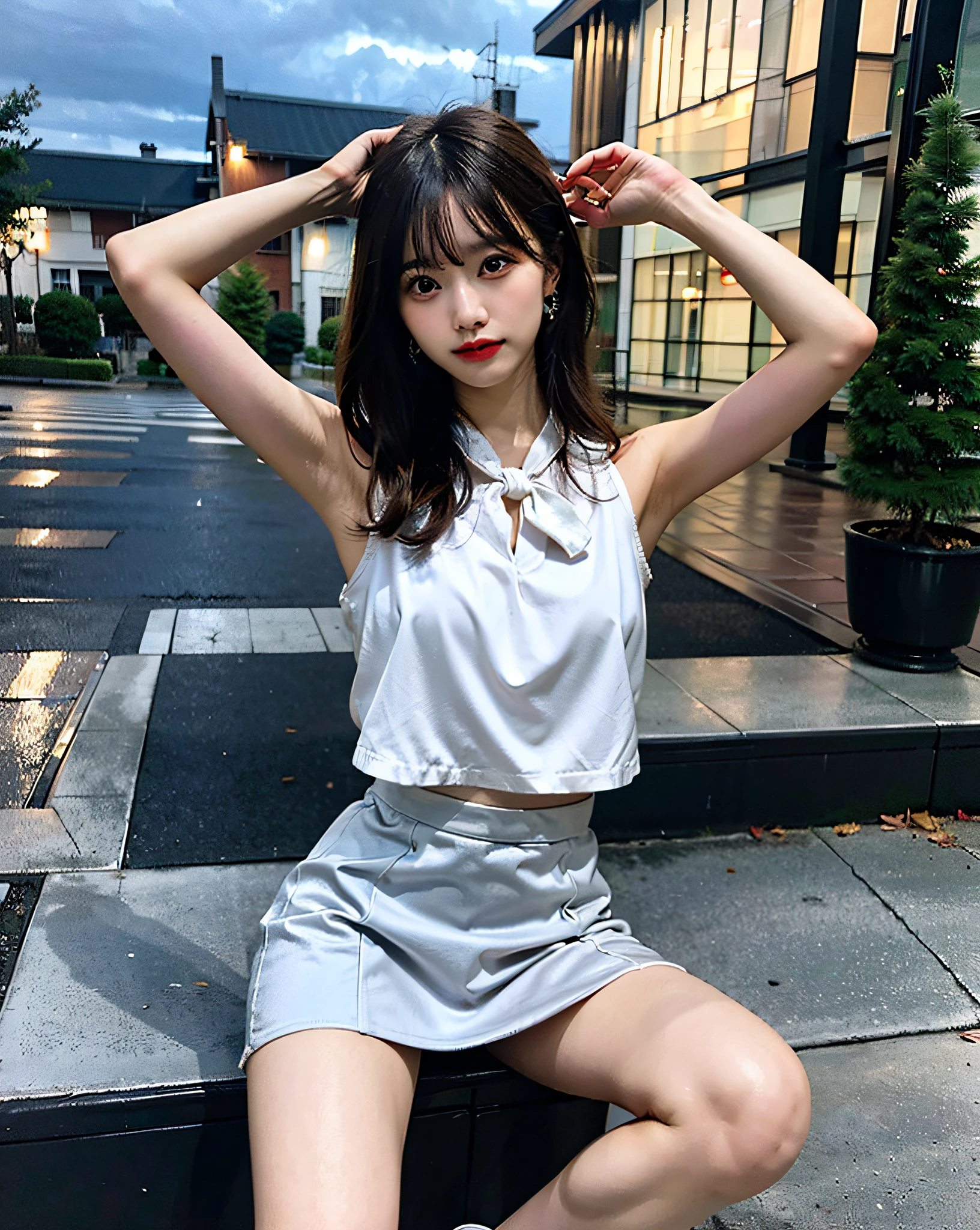 top-quality、Hi-Res、8K、Girl 1 Mature Mature Mature Woman Person、during the day、、A dark-haired、short-cut、with light glowing、outside of house、Luxury、(Medium Hair)、Beautiful detail sky、Beautiful earrings、(dynamicposes:0.8)、(fullllbody:1.2)、Soft breeze、shinny skin、line of sight、Bust、校服、neck tie、(pencil skirts))、high-heels、tight outfit、(Open your legs so that your crotch is visible:1.2)、Raise your hand(So much so that you can see your armpits.)、perspiring、
