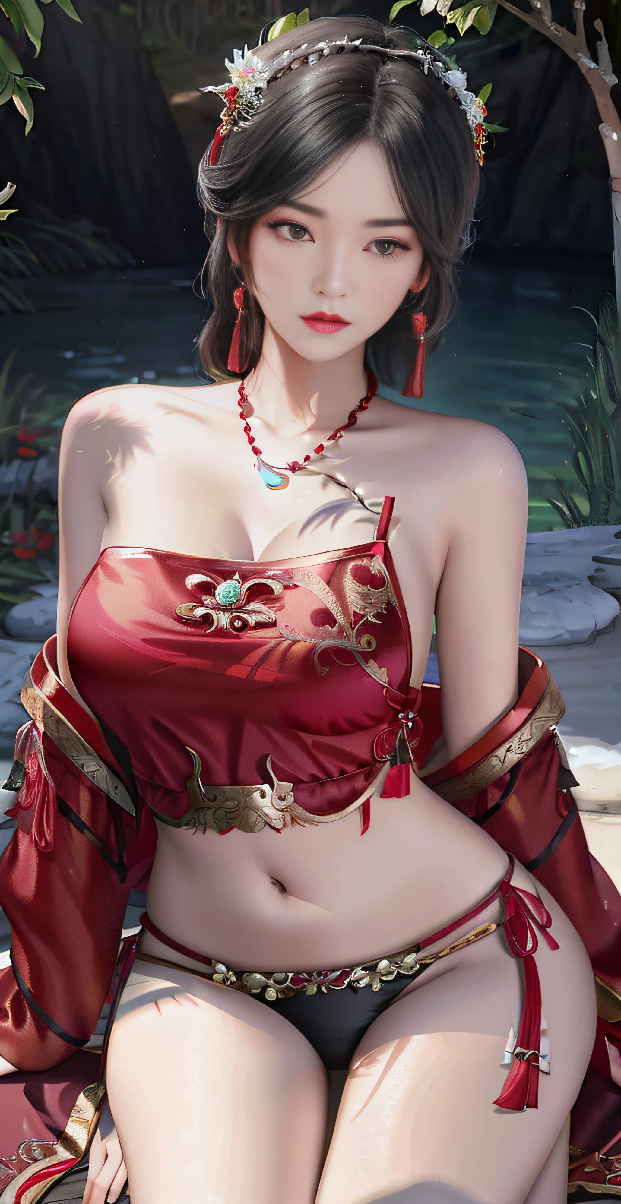 Arakfi Asian woman in red dress sitting on a rock, trending on cgstation, trending at cgstation, Guviz, Inspired by Lan Ying, 8k octae render photo, Palace ， A girl in Hanfu, Guviz-style artwork, beautiful and seductive anime woman, inspired by Park Hua, seductive anime girls