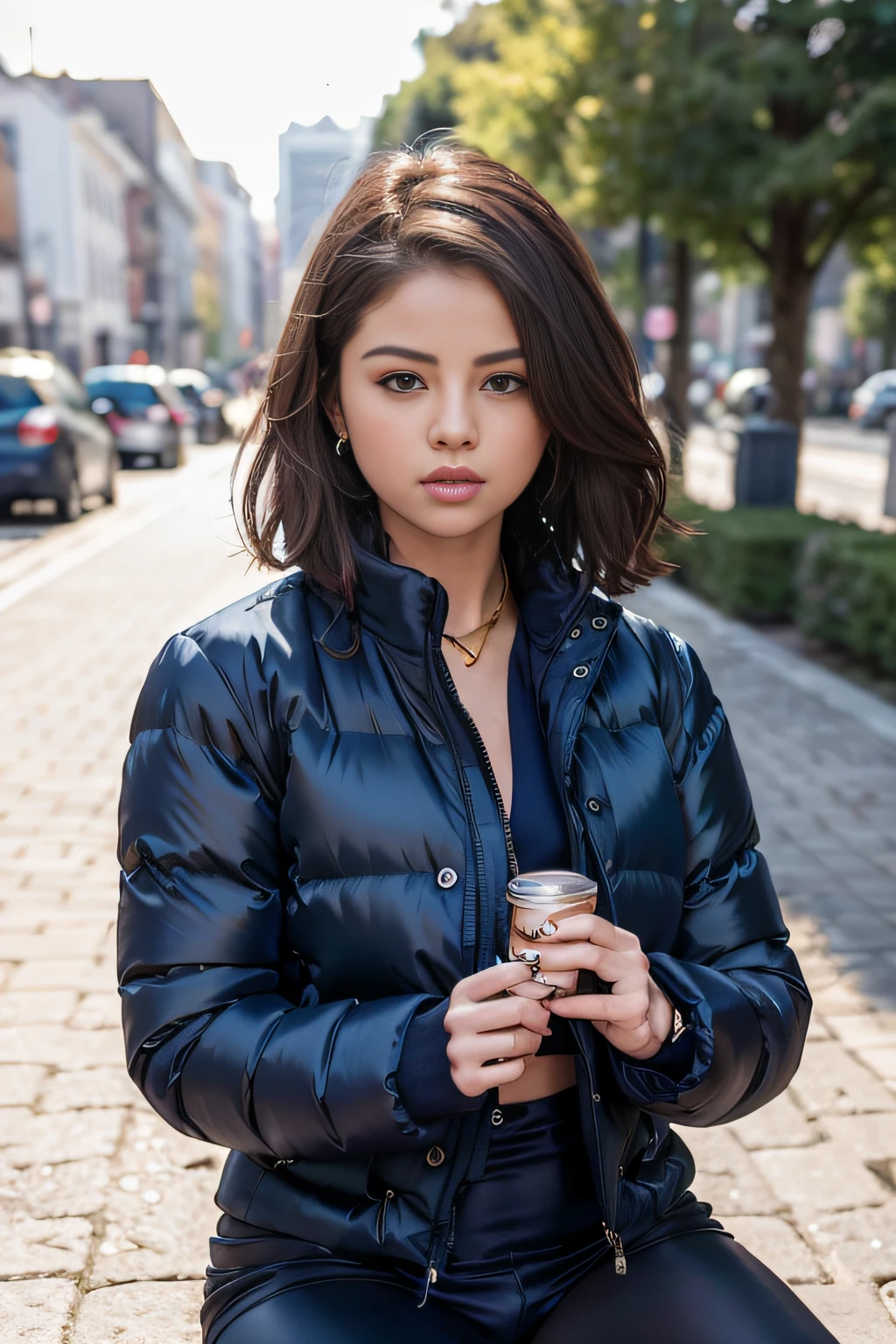 Selena Gomez, (wearing navy blue silk oversized_puffer_jacket:1.3), Lie down on the grass, Overhead camera, sharp focus, handsome,plump legs, skinny,professional lighting,city, eyelines,gold necklace,rendered eyes,tall body,adult woman,hair ornament,instagram most viewed,official wallpaper, official art,(kpop idol), mini skirt, half-closed eyes,building,((photorealistic painting art by midjourney and greg rutkowski)),((supermodel)), thighhighs leggings, (tight crop top)