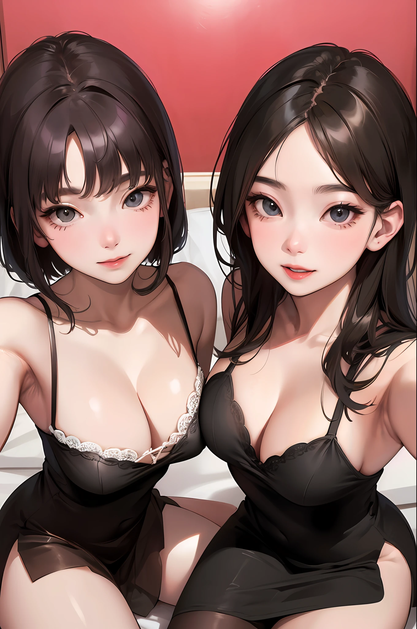 2 girls with realistic skin、selfee、Face Sitting on Oversized Zoom Bed、Face enhancement、Smile、Looking Up、View here、Cleavage emphasis