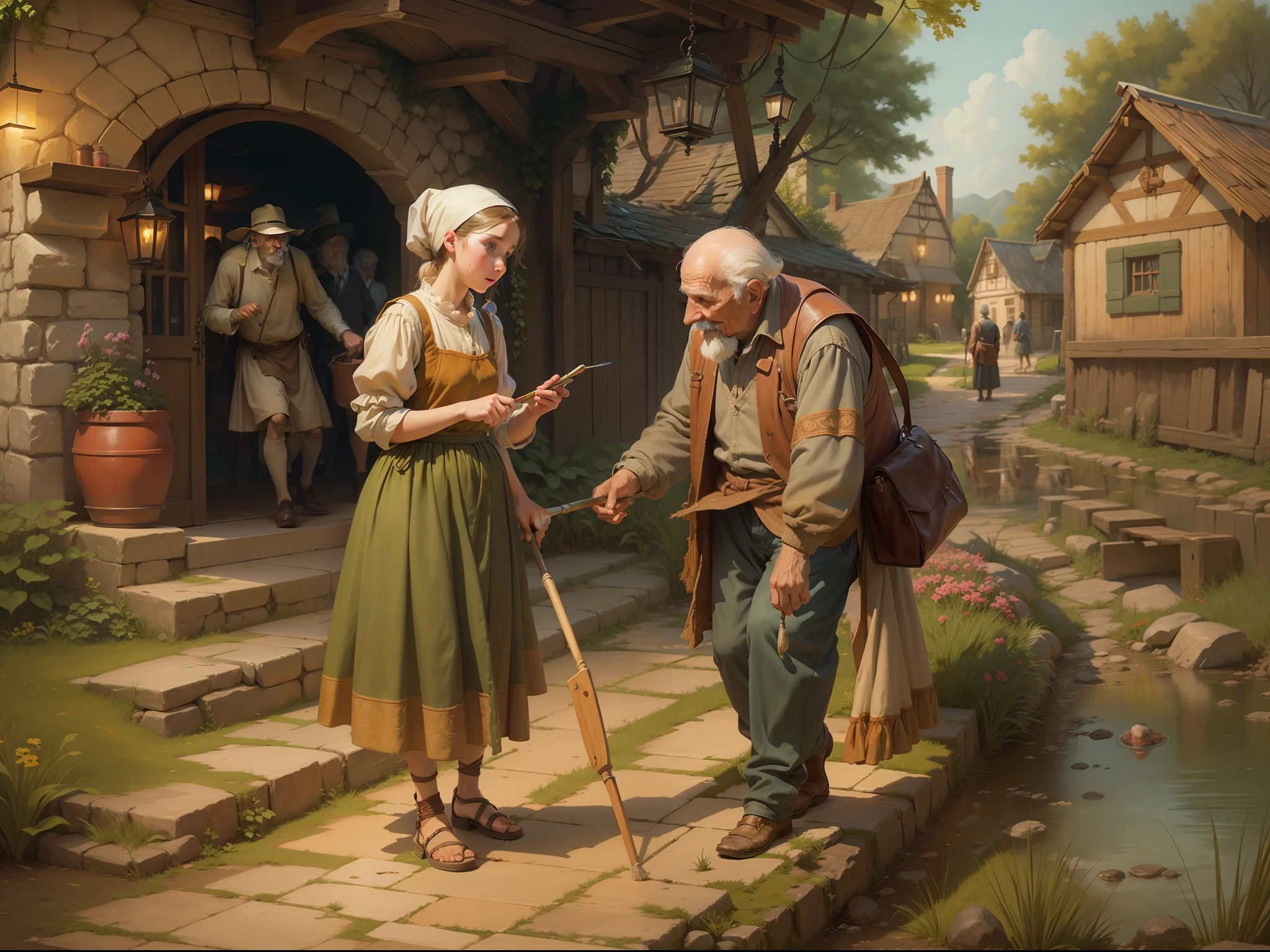 Paint a picture depicting a young girl assisting a blind old man as they make their way into a tavern.