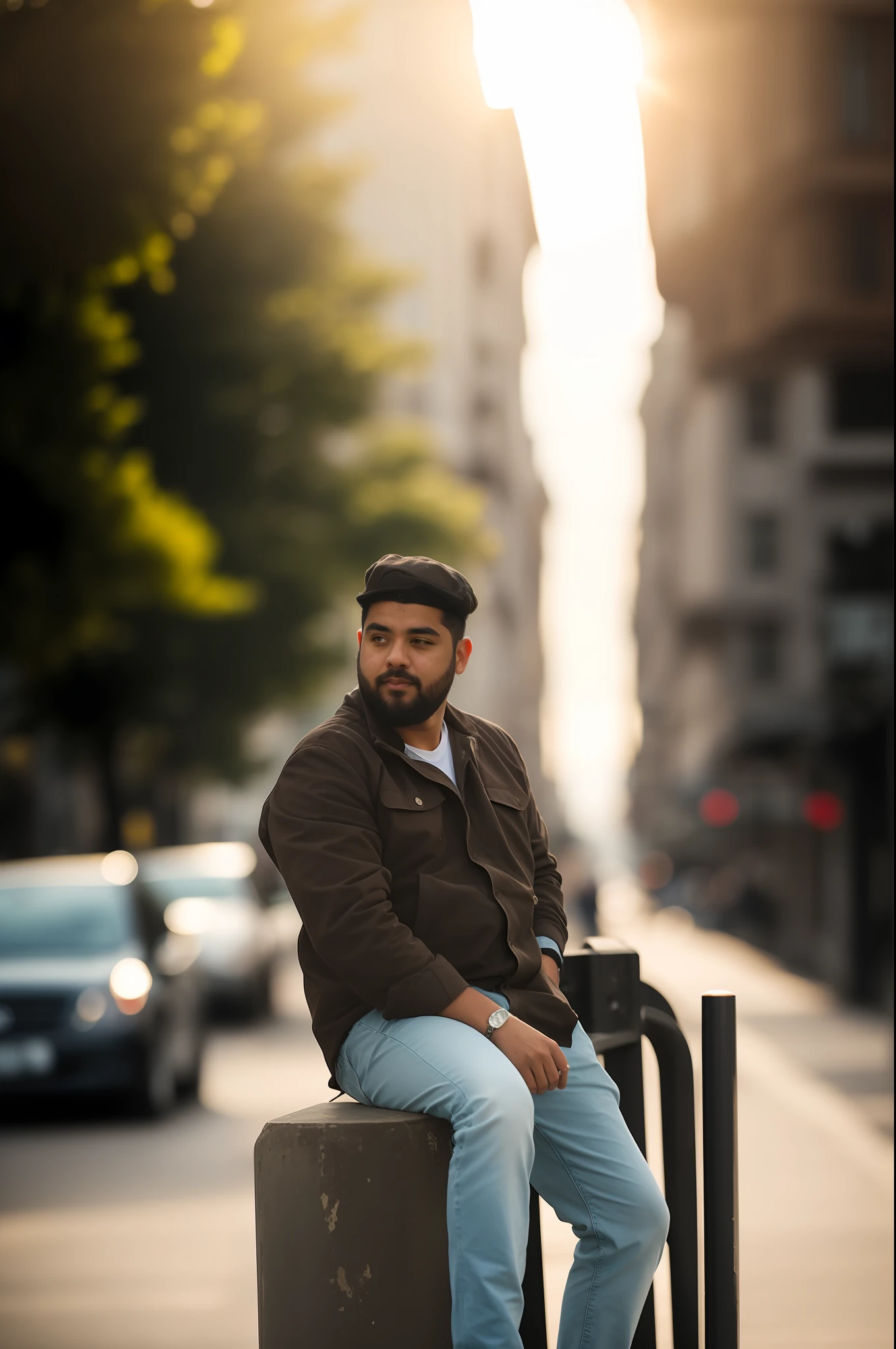 there is a man sitting on a yellow post on the street, Greenery blur background, Sun light on background, taken with sony a7r camera, taken with canon eos 5 d mark iv, shot on canon eos r5, shot on canon eos r 5, taken with sony alpha 9, taken with canon 5d mk4, shot on sony a 7, photo taken with sony a7r camera